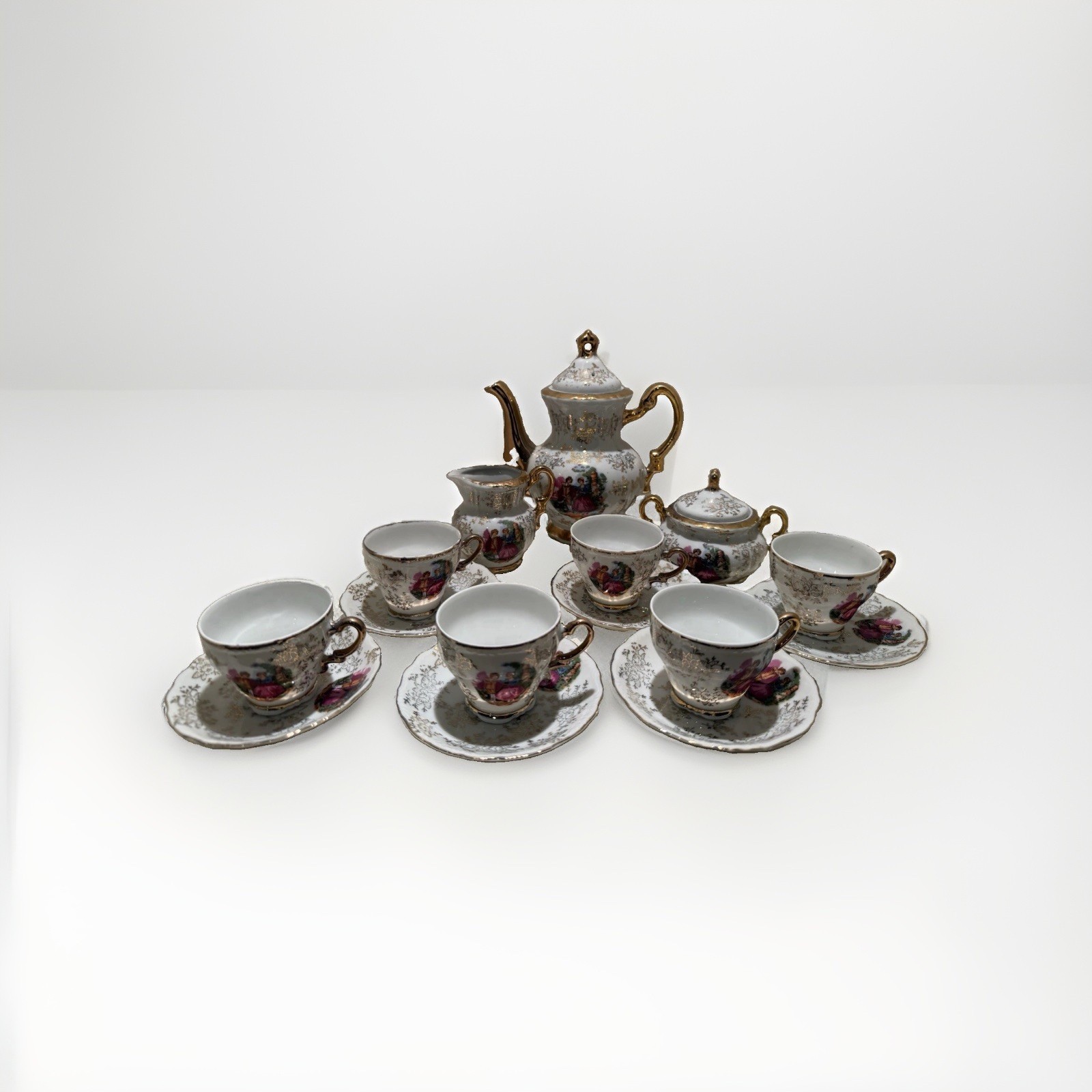 Original Arnart Creation Japan- Teapot, Sugar, Creamer, 6 Footed Cups/Saucers Original Arnart Creation Japan- Teapot, Sugar, Creamer, 6 Footed Cups/Saucers