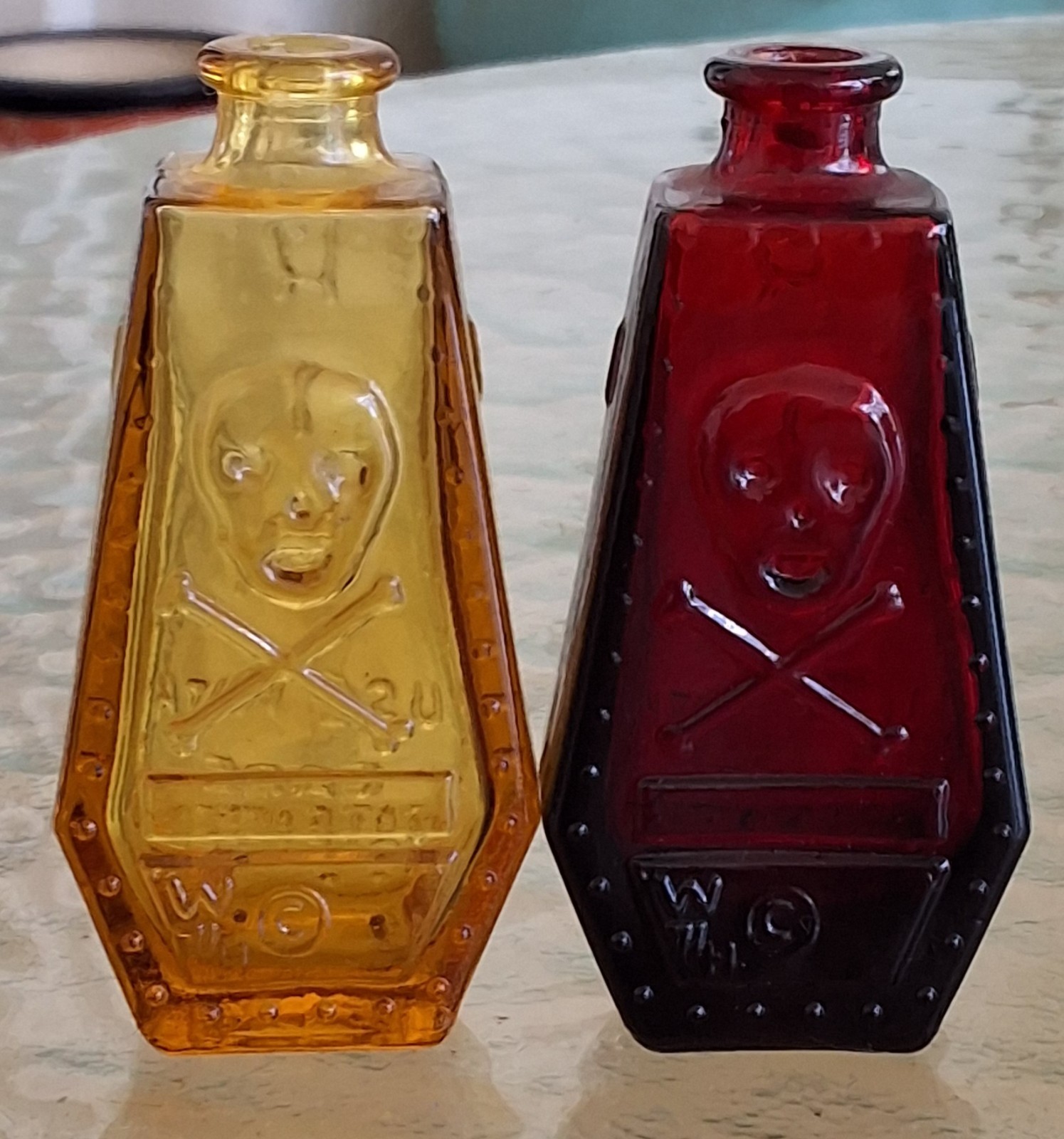 Pair Vintage Wheaton Glass Miniature Poison Coffin Bottles Ruby Red Amber Pair Vintage Wheaton Glass Miniature Poison Coffin Bottles Ruby Red Amber