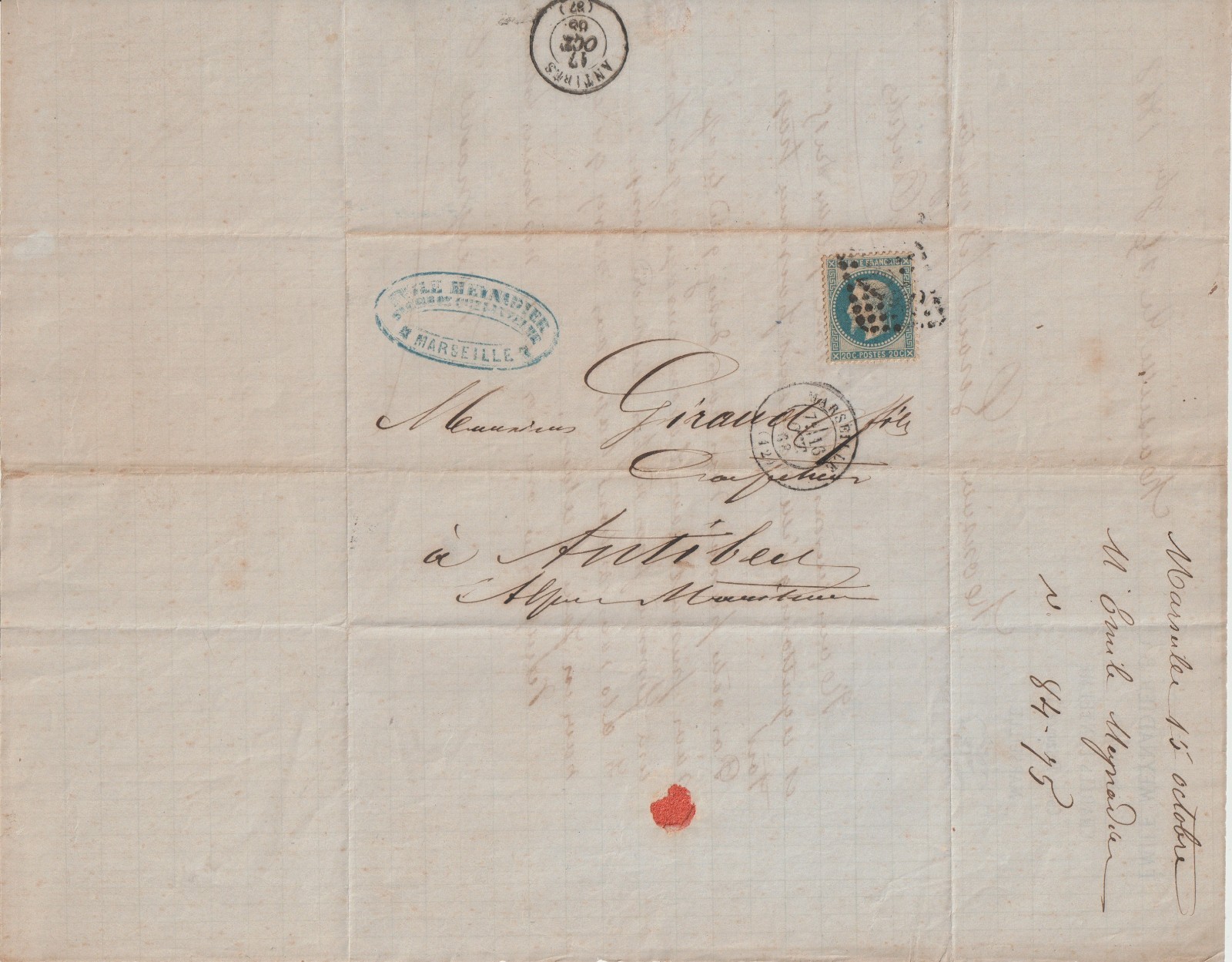 1868 Antique French Folded Letter Marseille to Antibes Cafe Coffee History 20c 1868 Antique French Folded Letter Marseille to Antibes Cafe Coffee History 20c
