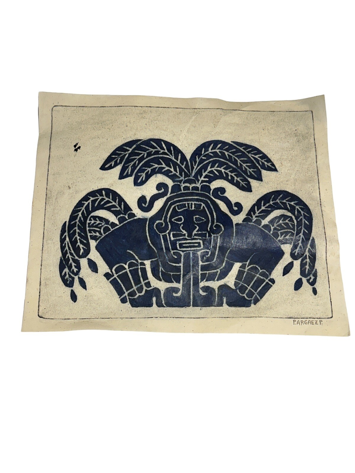Vintage P. Argaez P.  Ancient Aztec Art Bold Indigo Blue Depiction Ancient Motif