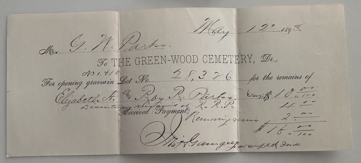 1893 The Green-Wood Cemetery, Dr. Brooklyn, New York Grave Payment Receipt