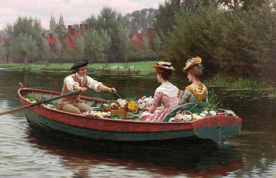 Stunning Oil painting boating man with nice young girls and spring flowers lake