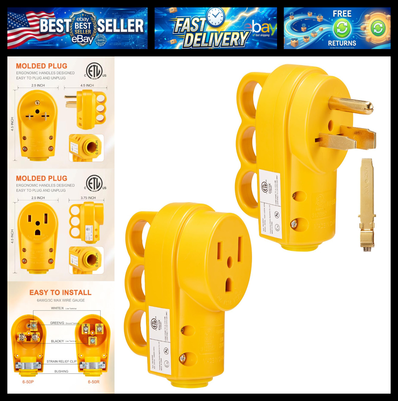 NEMA 6-50 Welder Plug & Connector Set, 50 Amp 3-Prong 250 Volt Heavy Duty 2-in-1