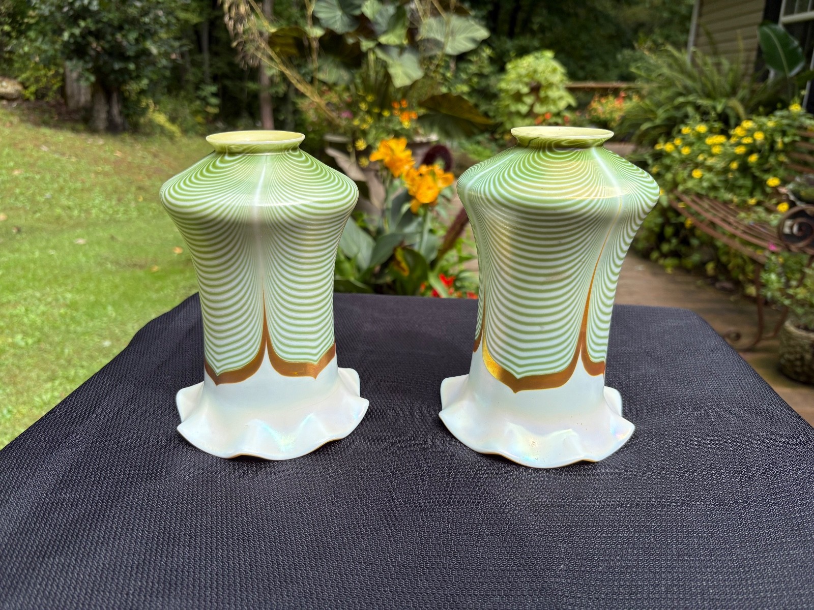 Pair of Quezal or Steuben Art Glass Green Pulled Feather Lamp Shades Unsigned Pair of Quezal or Steuben Art Glass Green Pulled Feather Lamp Shades Unsigned