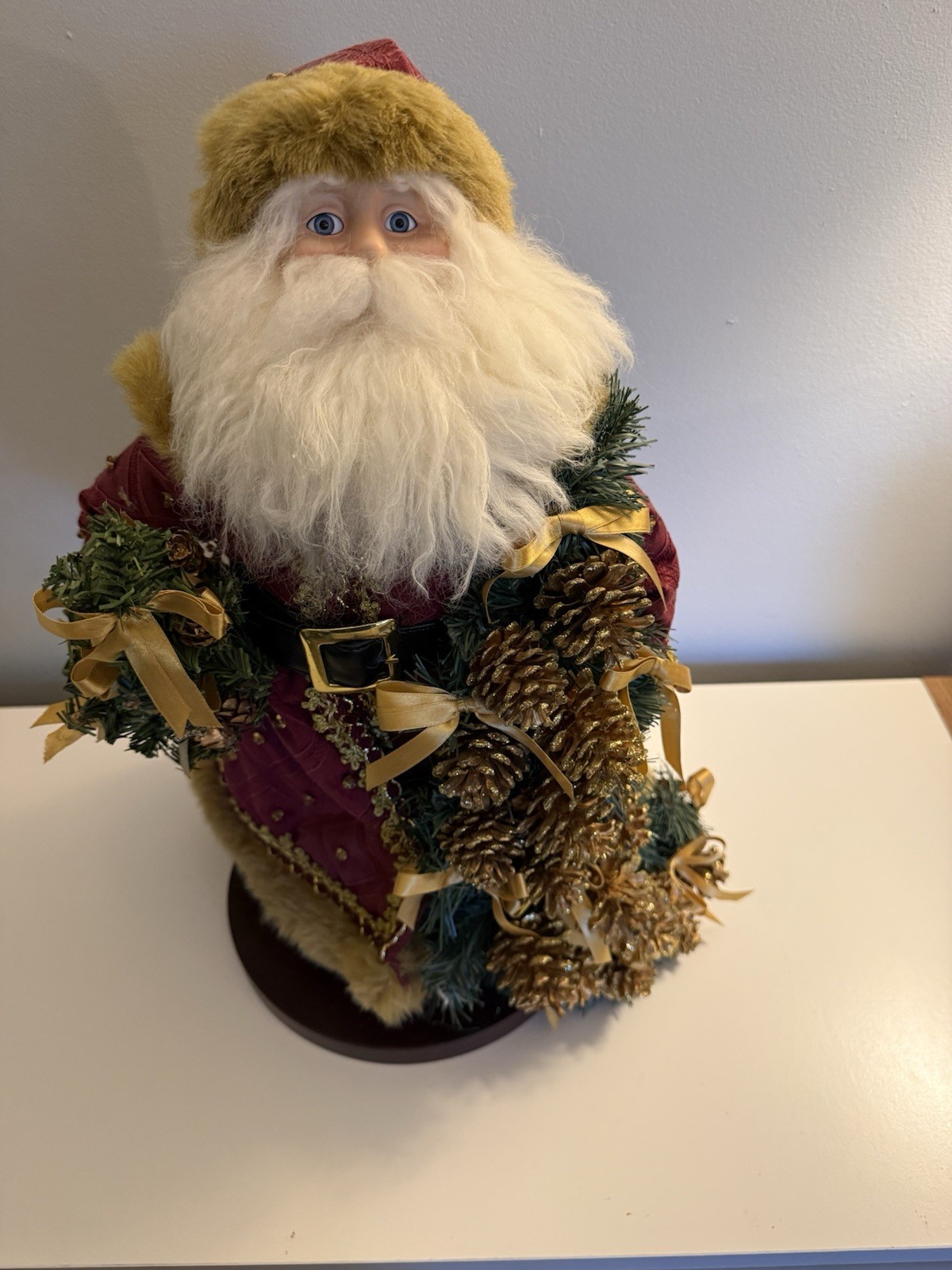 Decorative Santa Claus Figurine Red Coat Gold Pinecones Christmas Holiday Decor
