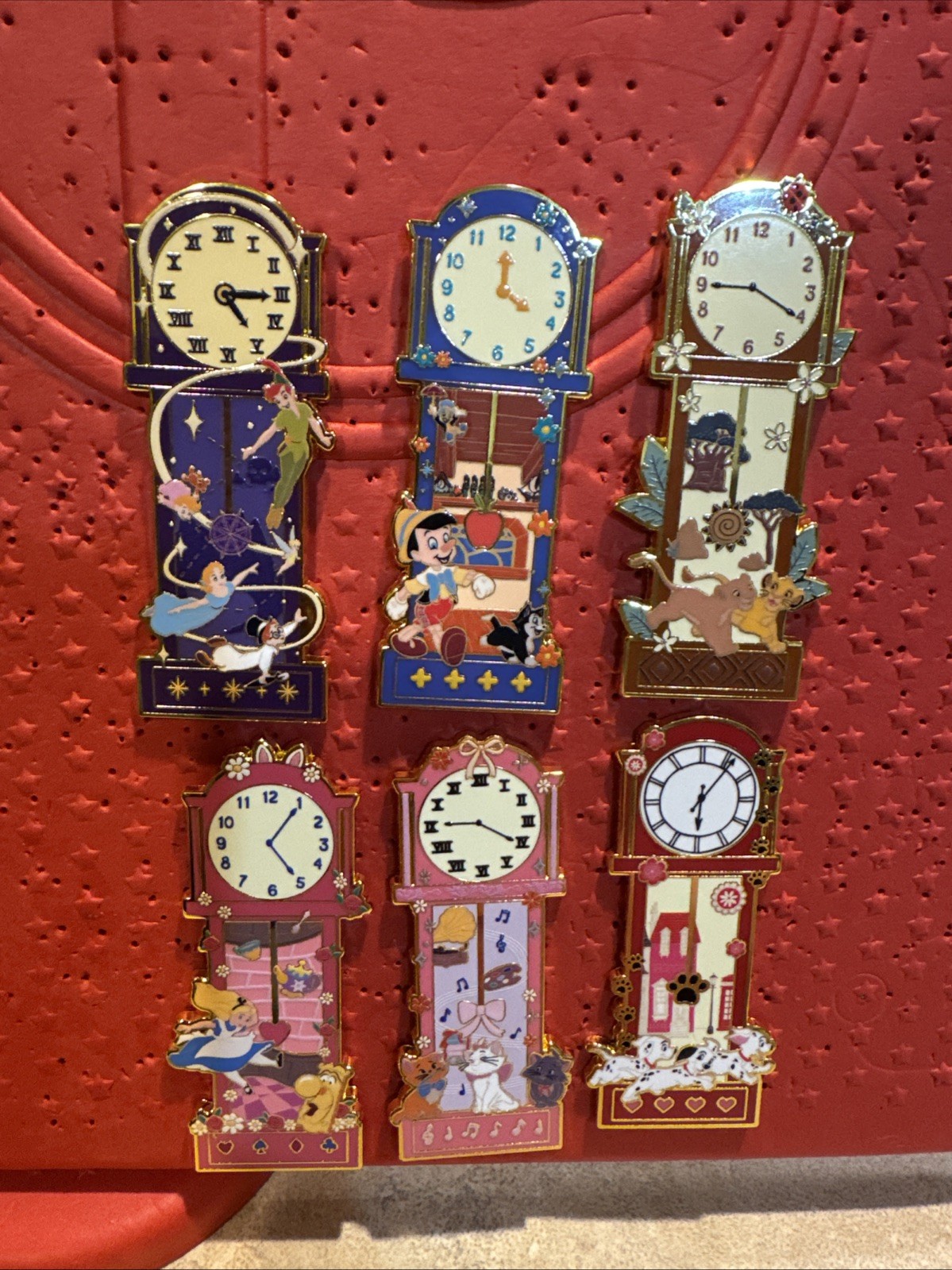 Disney, Grandfather Clock 6 Pin Set Box Lunch Exclusive Made By Monogram Disney, Grandfather Clock 6 Pin Set Box Lunch Exclusive Made By Monogram