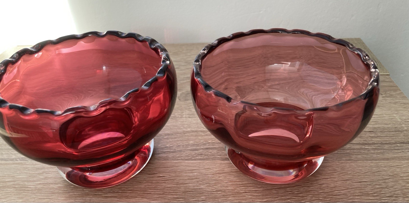 Cranberry Glass Bowls Wavy Edge Rim High Quality Red Colour