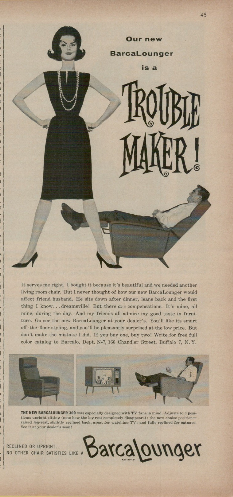 1960 BarcaLounger 300 is a Trouble Maker Dreamsville Recliner VINTAGE PRINT AD 1960 BarcaLounger 300 is a Trouble Maker Dreamsville Recliner VINTAGE PRINT AD