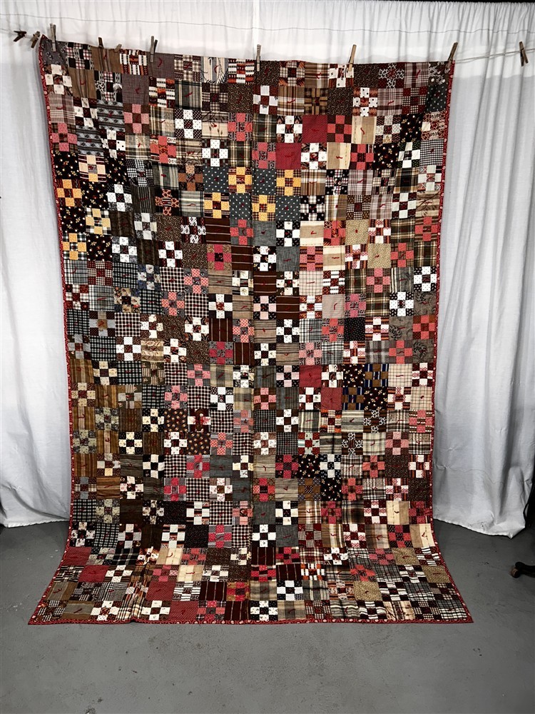antique quilt 60x92 cotton mixed postage stamp 9 patch top 19thc 