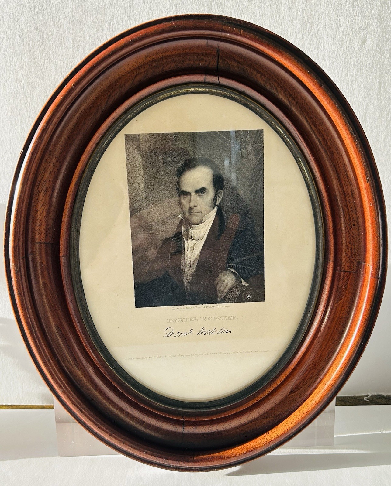 DANIEL WEBSTER-STEEL ENGRAVING/ J. LONGACRE - 1833 - Cherry Oval Frame SIGNED 