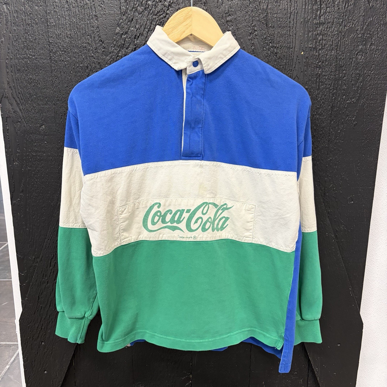 Vintage Coca-Cola LongSleeve Blue and Green Rugby Polo Shirt Size M
