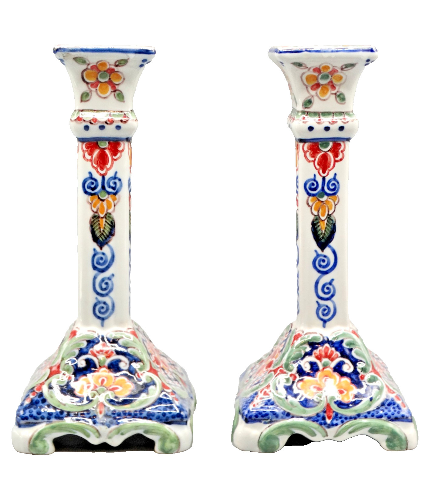 Antique Dutch Delft Makkum Polychrome Candle Holders Candlesticks, Pair Antique Dutch Delft Makkum Polychrome Candle Holders Candlesticks, Pair
