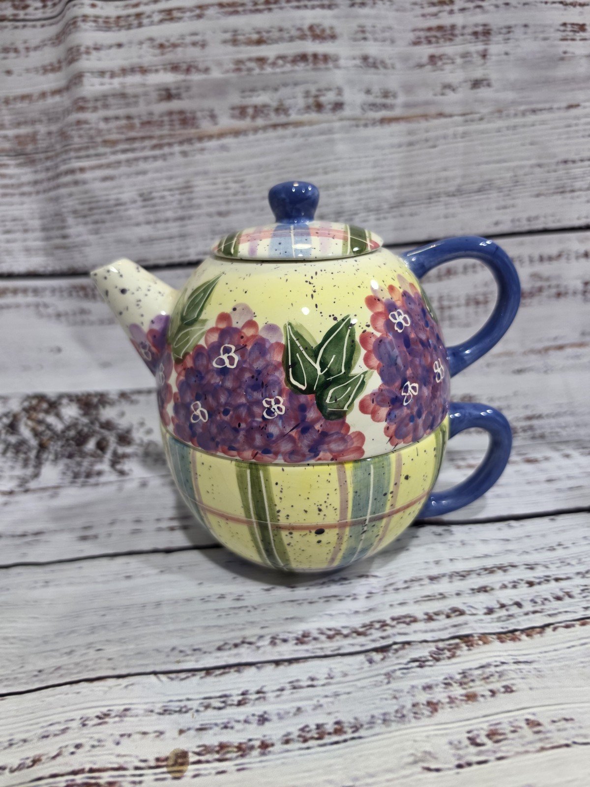 Julie Ueland 3 pc Teapot Lge Cup Enesco 1999 Hydrangea Floral New Vtg Cottage