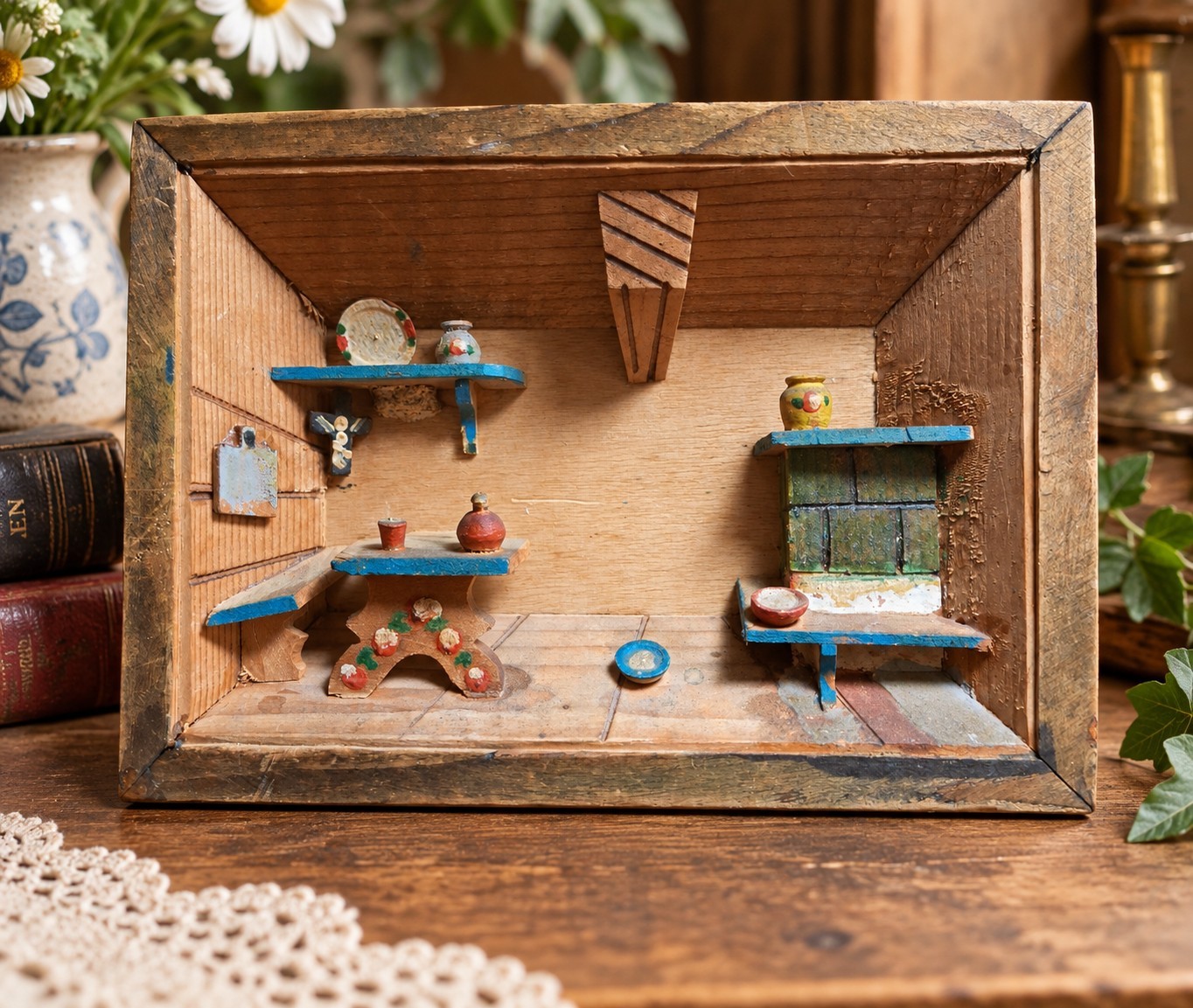 Vintage German Cottage Scene Diorama Miniature Handmade Folk Art Shadow Box 4\