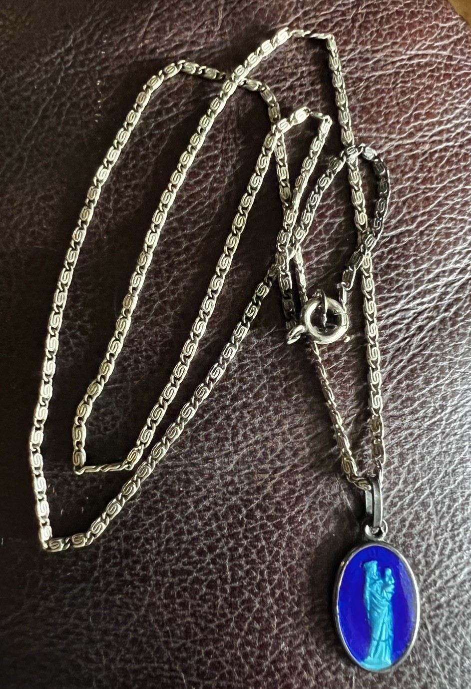Vintage Paris Virgin Mary Medal French Pendant Oval Blue Enamel Necklace Antique