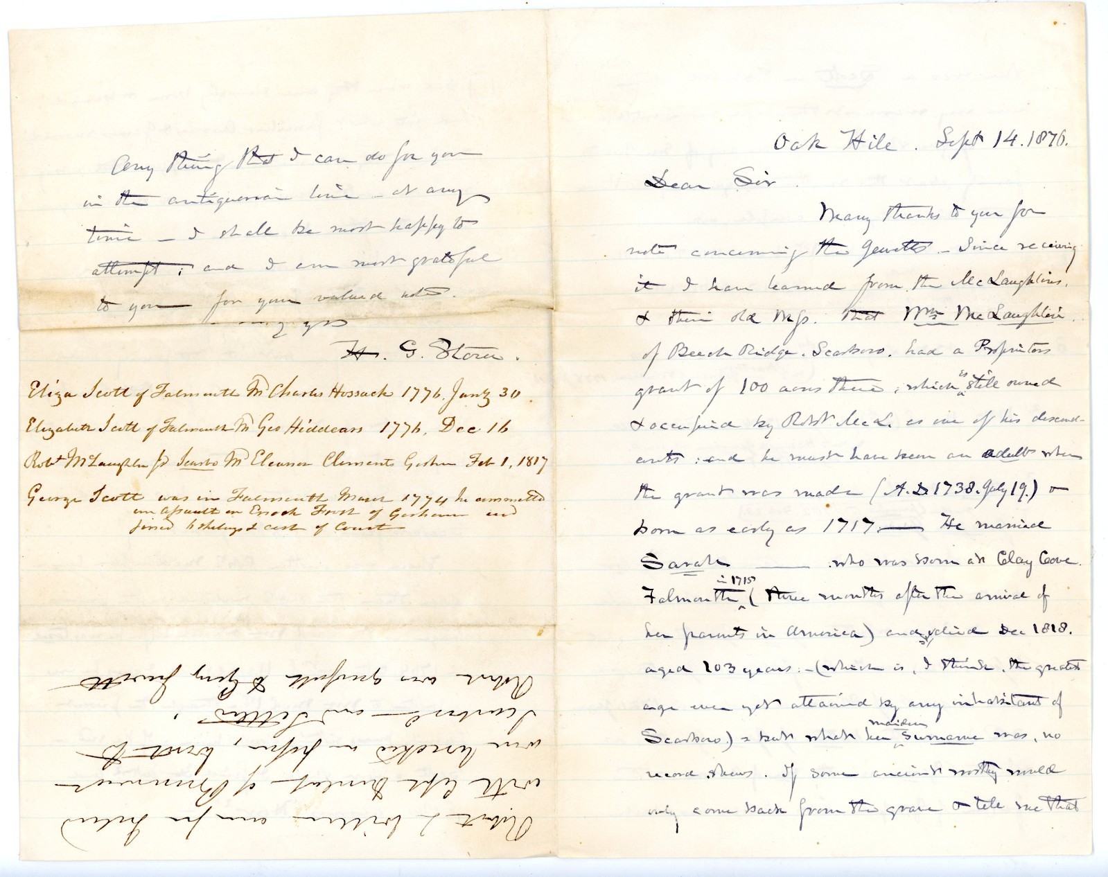 1876 Genealogical Letter Scott, McLaughlin & Gentry Families ME OH VA Oak Hill