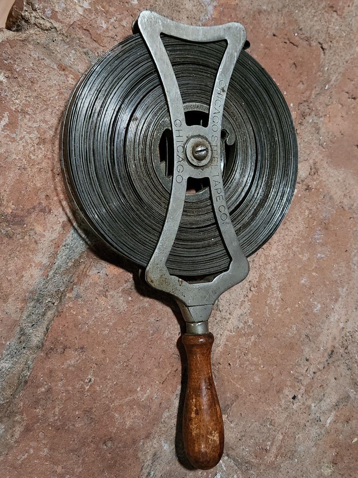 Antique Chicago Steel Tape Co. Surveyor Measuring Tape w/ Wood Handle USA Antique Chicago Steel Tape Co. Surveyor Measuring Tape w/ Wood Handle USA