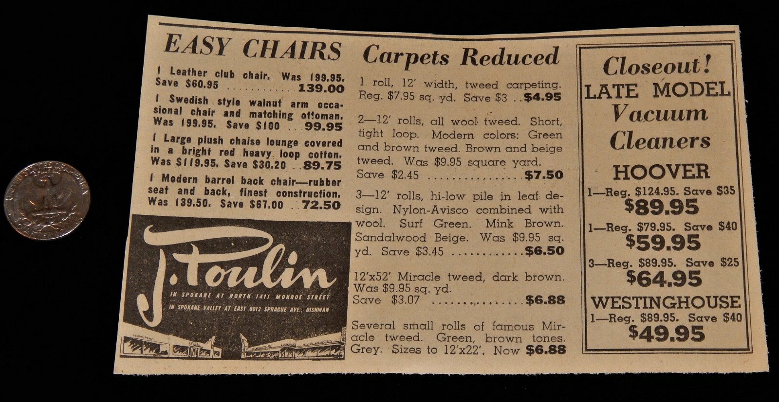 Vintage Newspaper Ad,SPOKANE ,WA,1958,J Poulin Furniture,Monroe St & Sprague Ave
