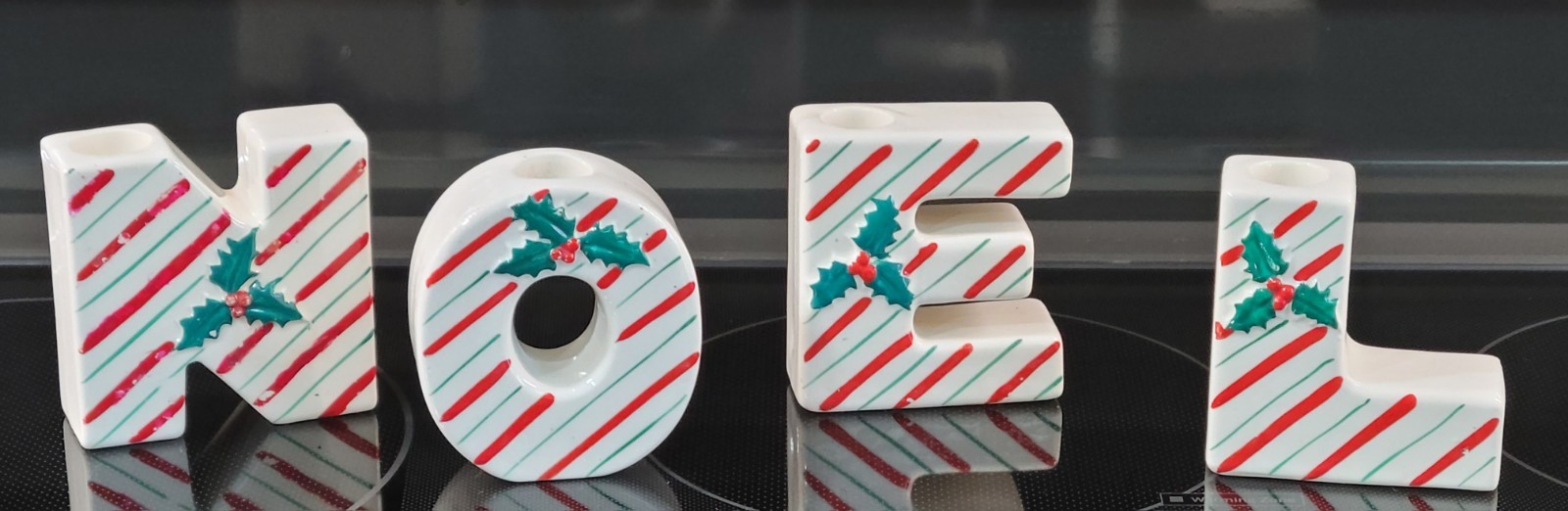 Vintage Ceramic NOEL Candy Striped Christmas Candle Holder Set - Japan