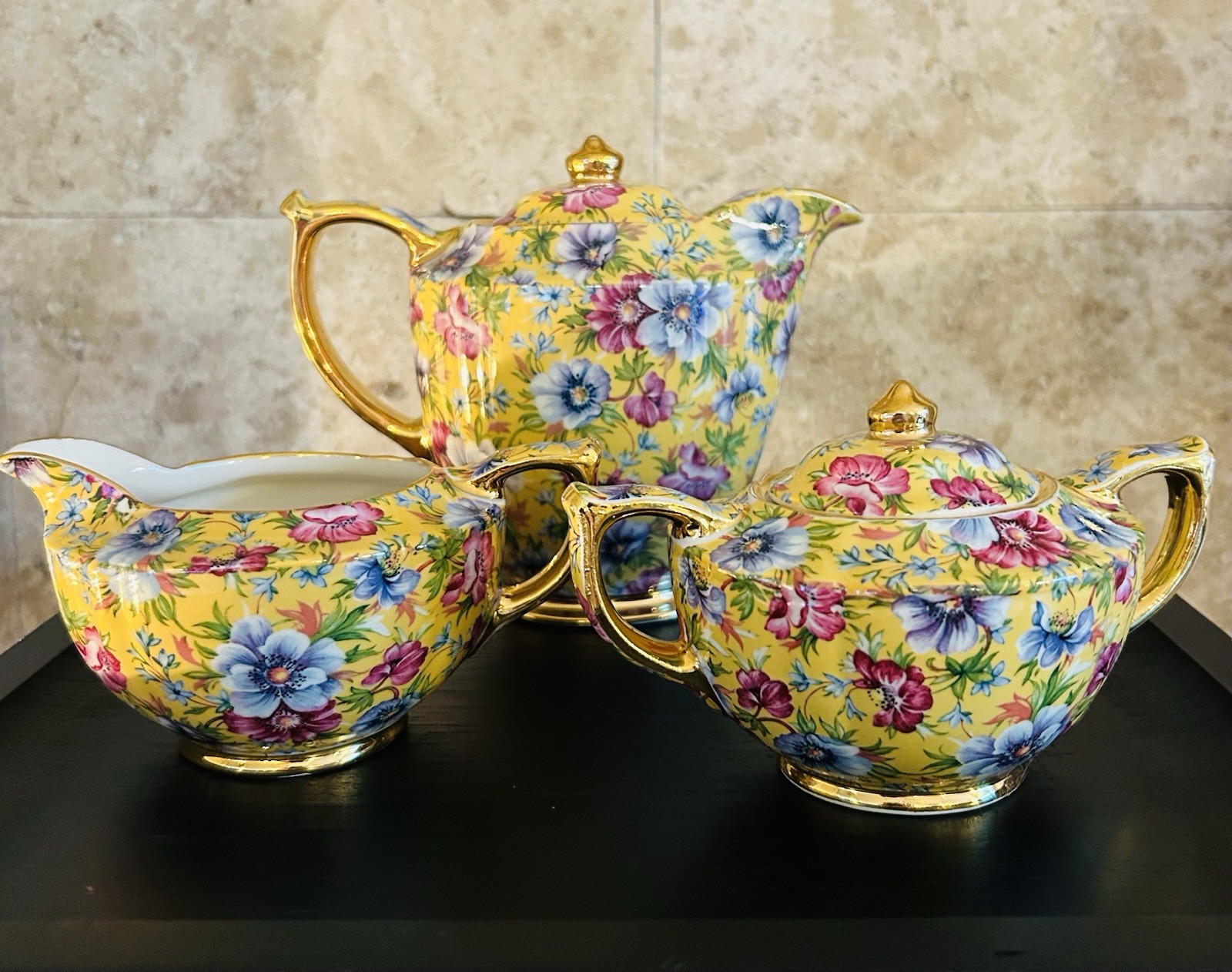 JAMES SADLER SOPHIE CHINTZ MINI COFFEE POT, CREAMER, AND SUGAR -  VINTAGE/RARE