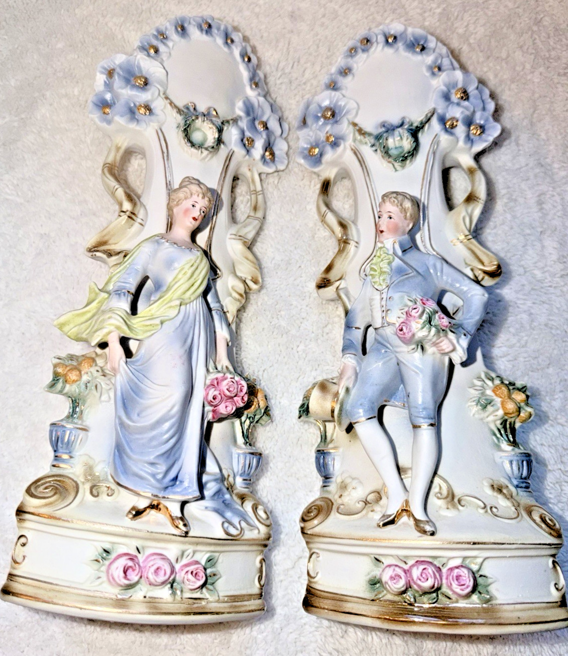 Antique German Bisque Floral Spill Vase Matched Pair 13 Antique German Bisque Floral Spill Vase Matched Pair 13