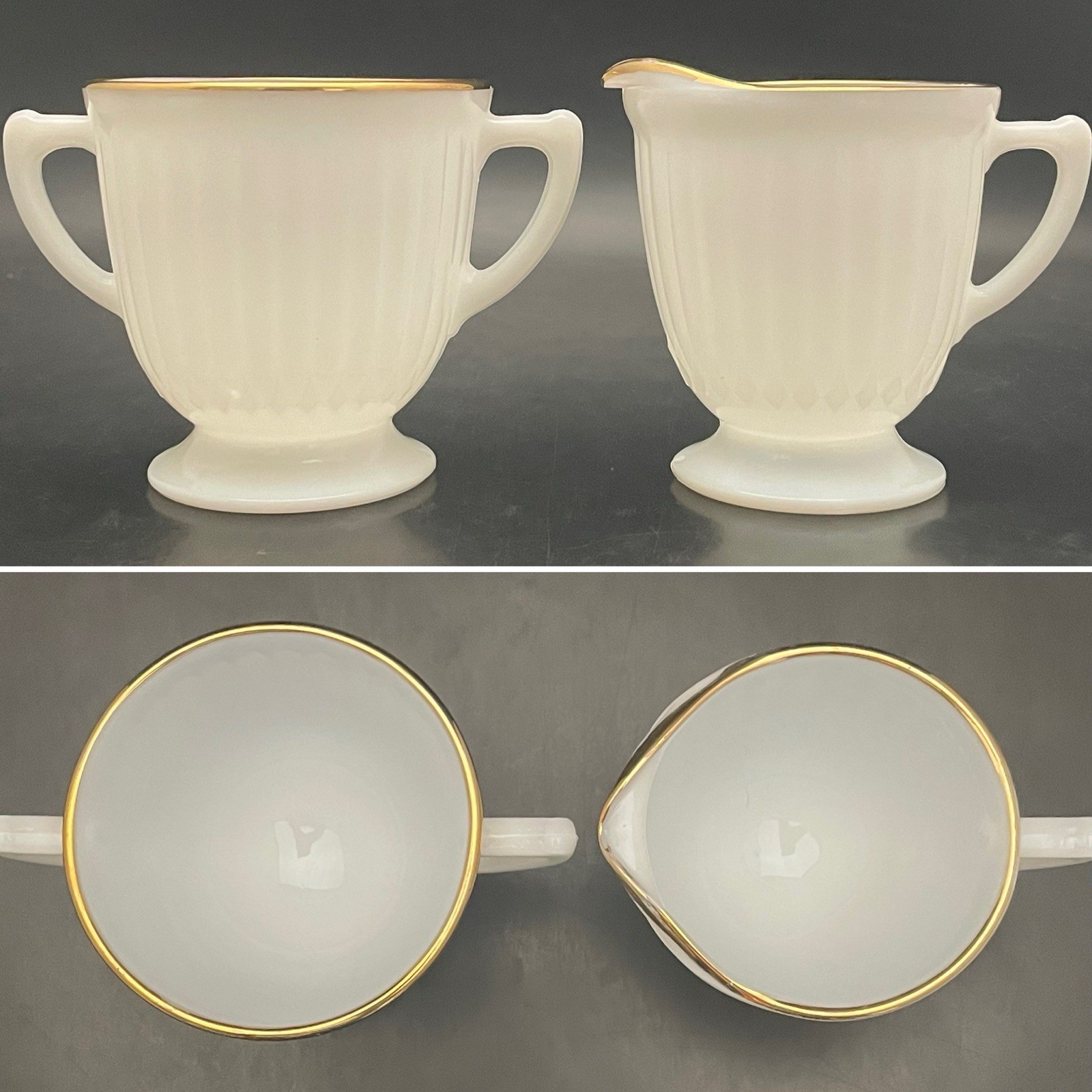 MacBeth Evans 2pc 24Kt Gold Trim Petalware Opalescent Monax Cream & Sugar USA