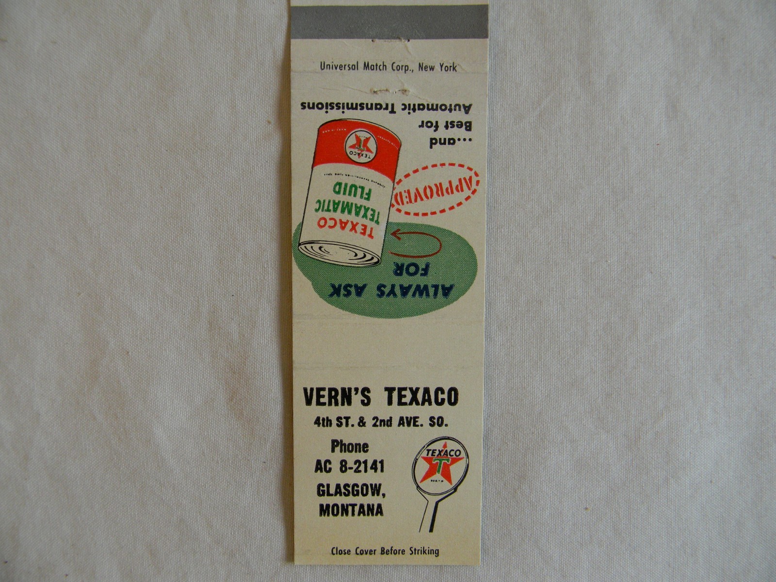 Glasgow Montana automotive Texaco gas service station low # matchbook