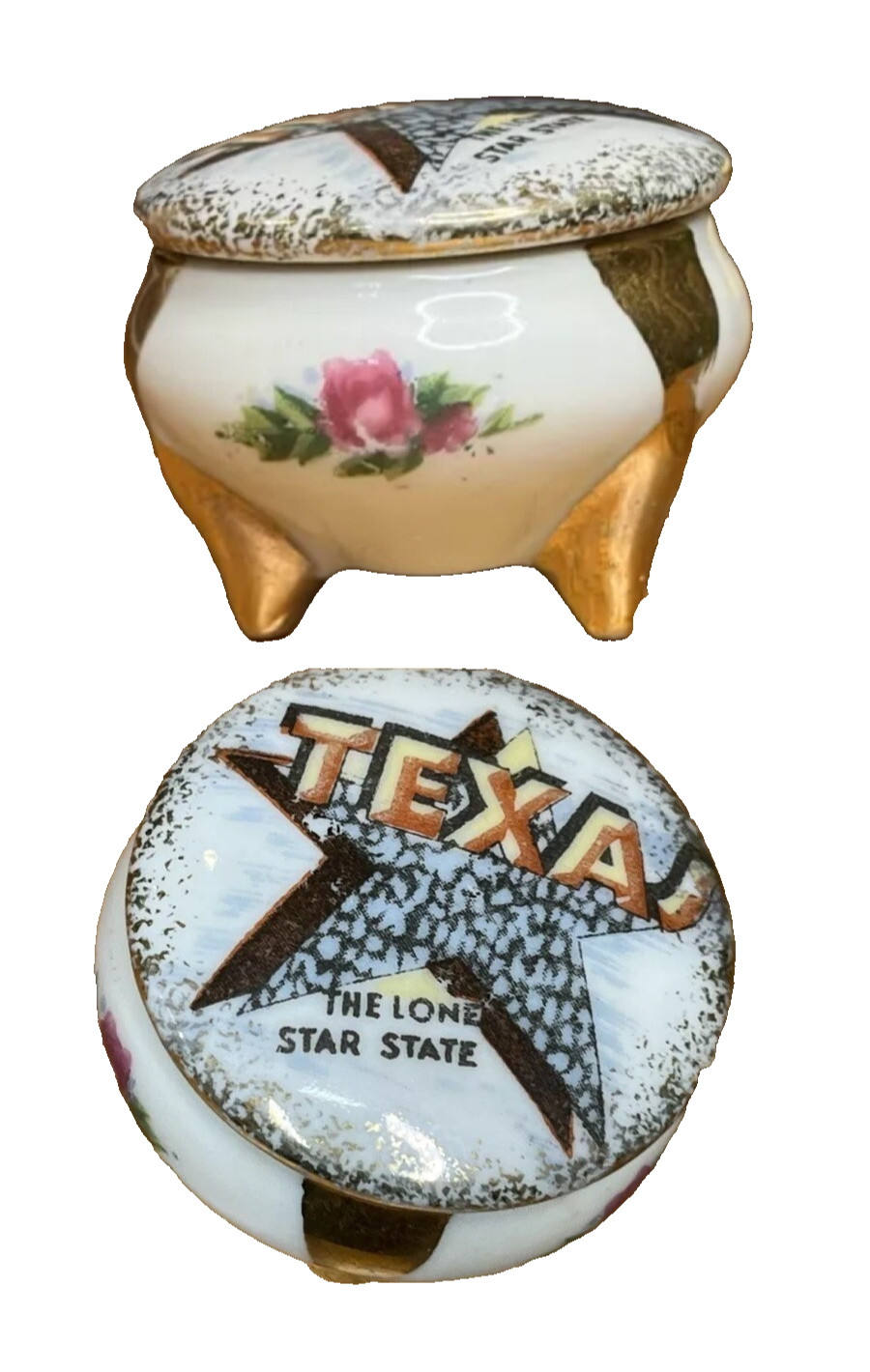 Vintage Texas Porcelain Box The Lone Star State Jewelry Trinket Box Cowboy Decor