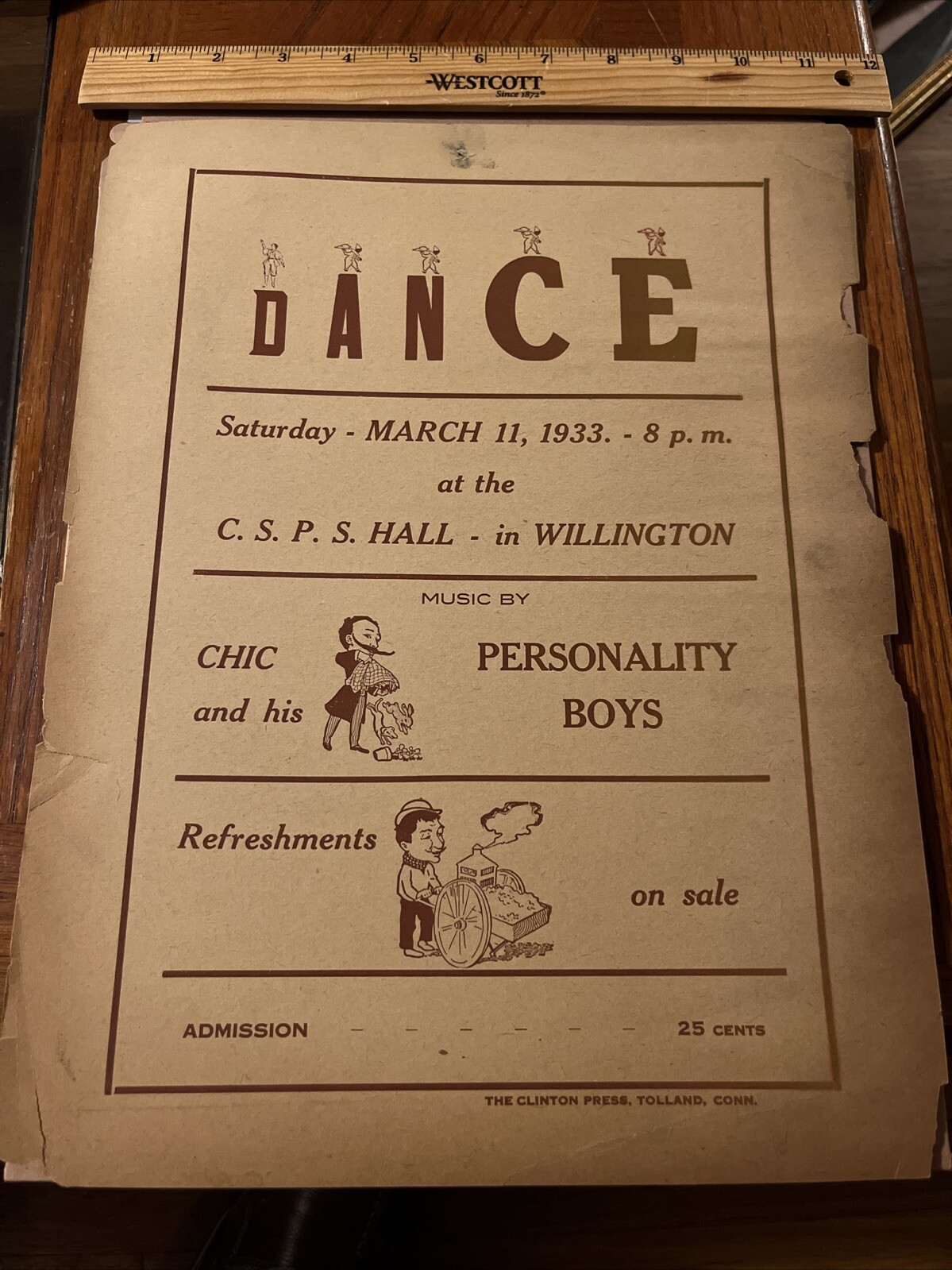 1933 Willington Connecticut Dance Music by Chic Advertising Placard CT History