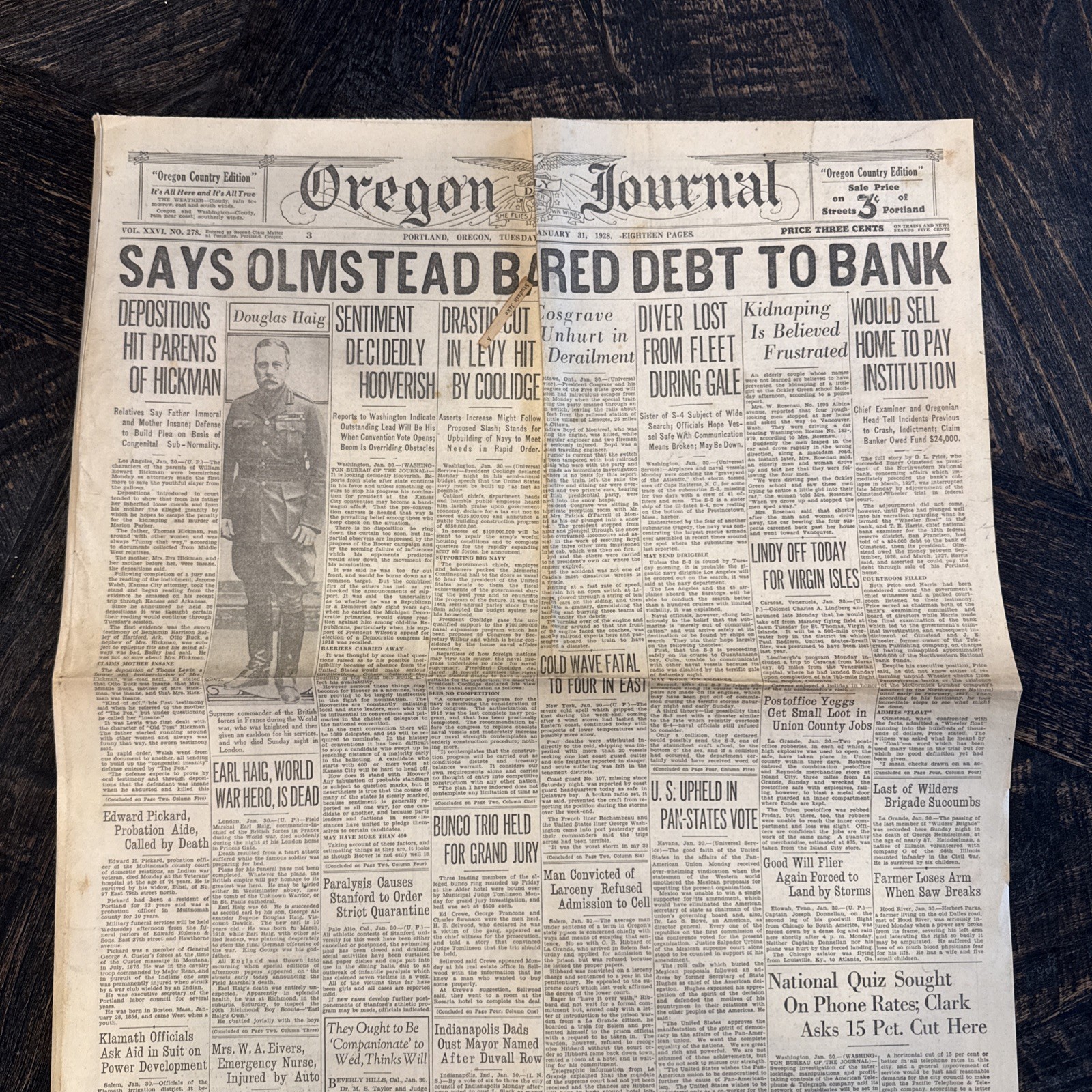 Vtg Oregon Daily Journal Newspaper Jan 31, 1928 Portland Oregon W Advertisements
