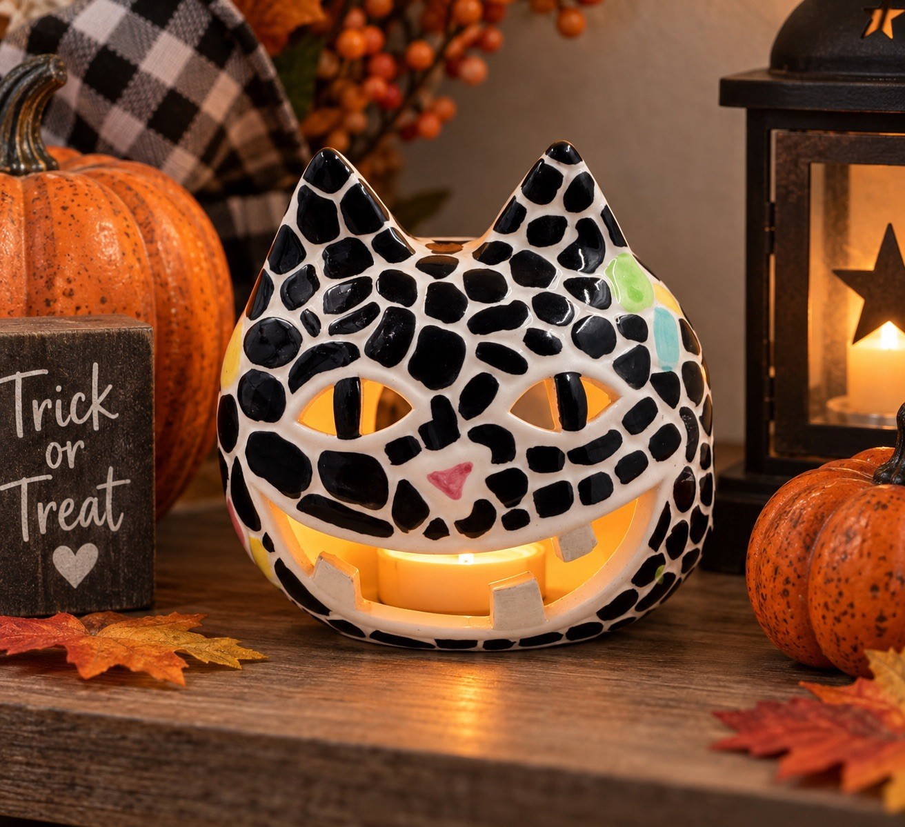 VTG Halloween Smiley Cat Tea Light Mosaic Ceramic Decor Fall Whimsical EUC