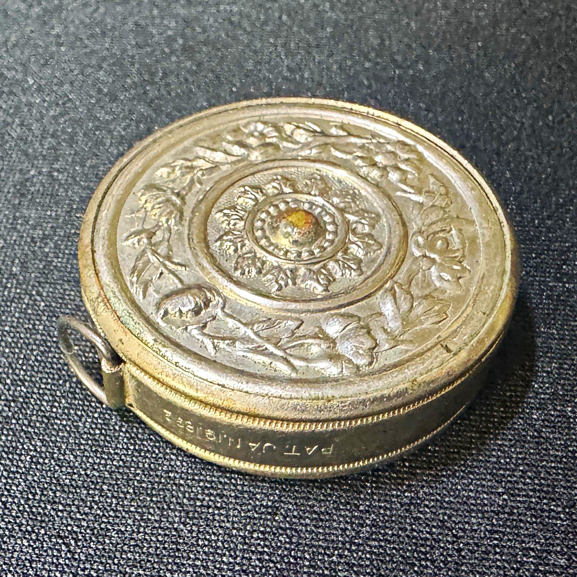 Vintage Ornate Metal Retractable Tape Measure Case Floral Embossed Jan.19.1892 Vintage Ornate Metal Retractable Tape Measure Case Floral Embossed Jan.19.1892