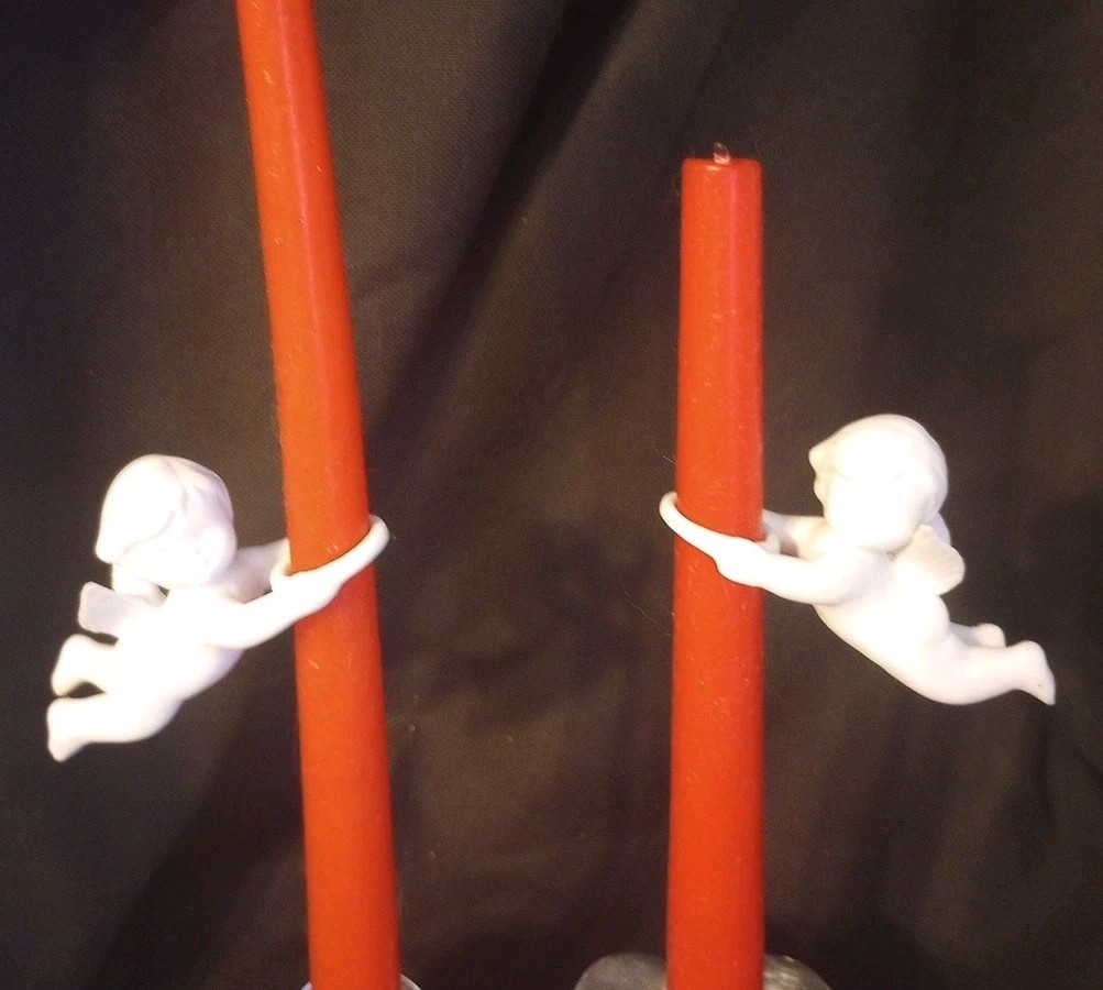 Vintage Bisque Porcelain Angel Candle Huggers Set of 2 for Taper Candles EUC