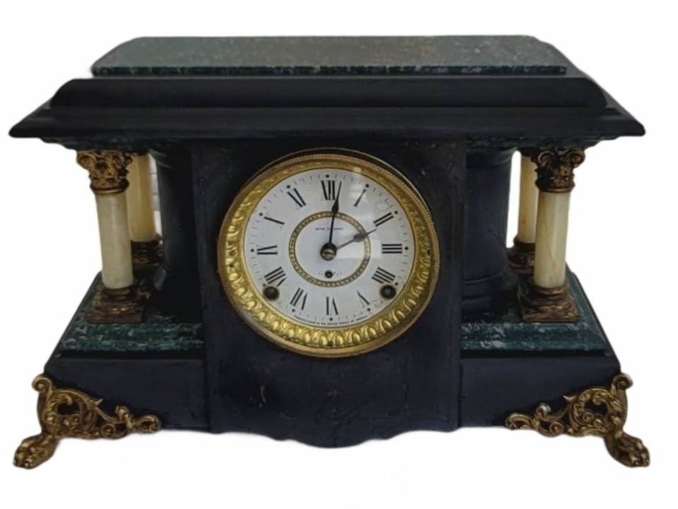 Seth Thomas Adamantine Mantel Clock Large Gray Black Wood Antique 8-day Chimes Seth Thomas Adamantine Mantel Clock Large Gray Black Wood Antique 8-day Chimes