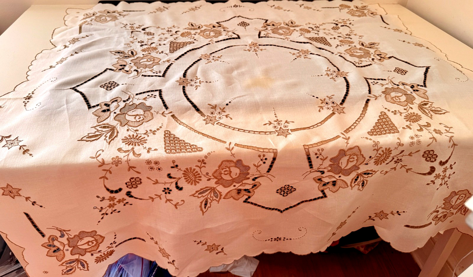 Vintage Madeira Hand Embroidered Tablecloth w/ Richelieu & Scalloped Edges. B369