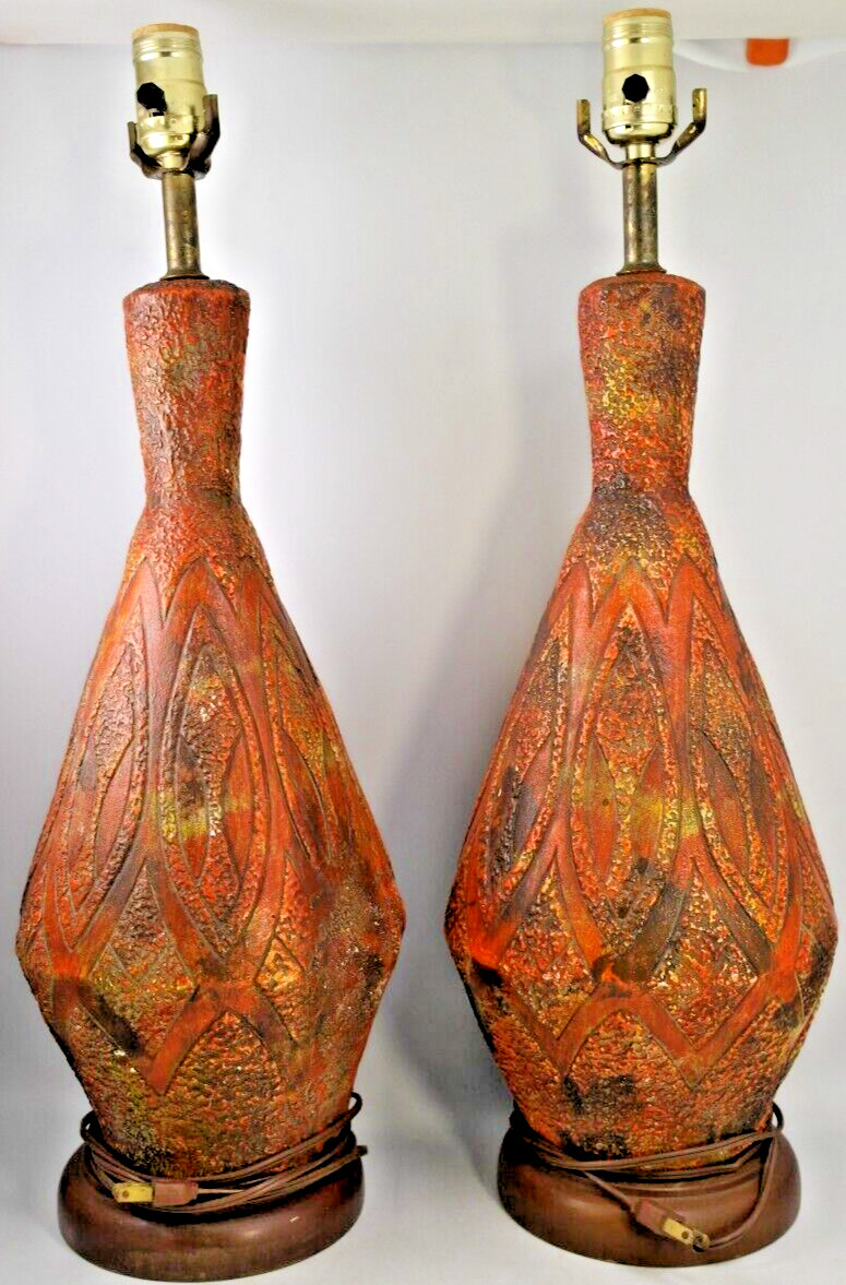 Vtg Brutalist MCM Textured Ceramic Angled Table Lamps Orange Yellow Brown | PAIR Vtg Brutalist MCM Textured Ceramic Angled Table Lamps Orange Yellow Brown | PAIR