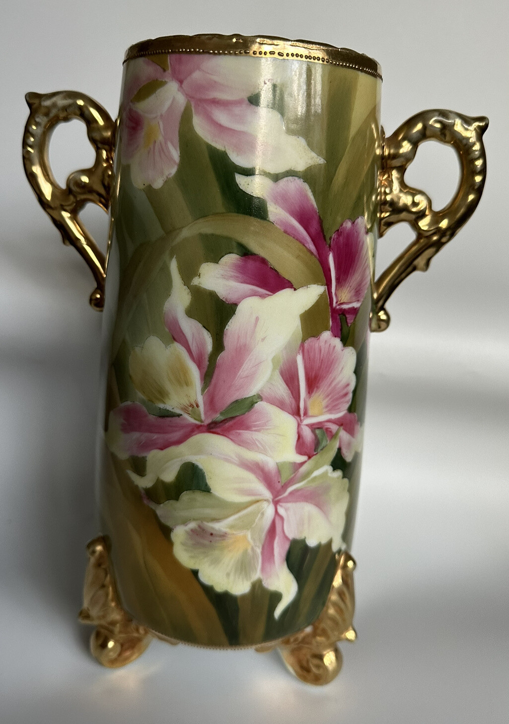 Antique Nippon Porcelain Tri-Footed Flowers 24k Gold Painted Vase 10 inches Antique Nippon Porcelain Tri-Footed Flowers 24k Gold Painted Vase 10 inches