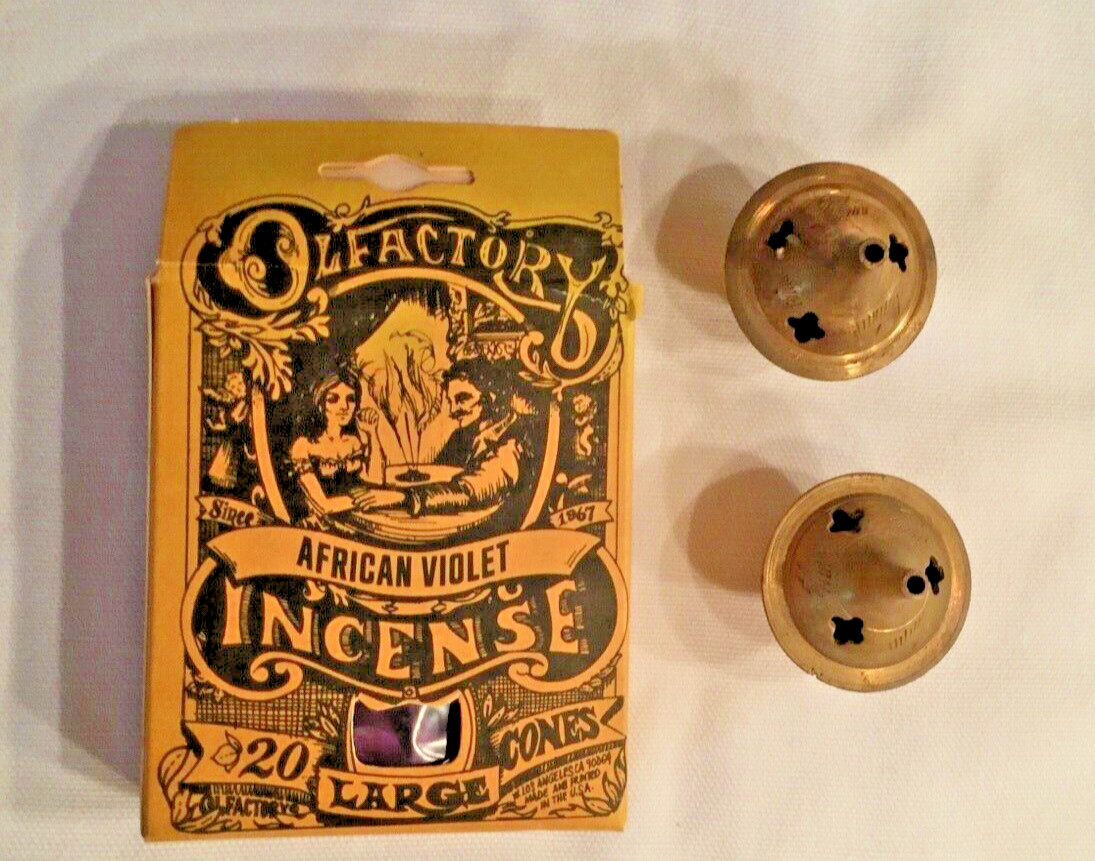 2 Vtg Etched Small Brass Incense Cone Burner  & African Violet Cones Unused 70's