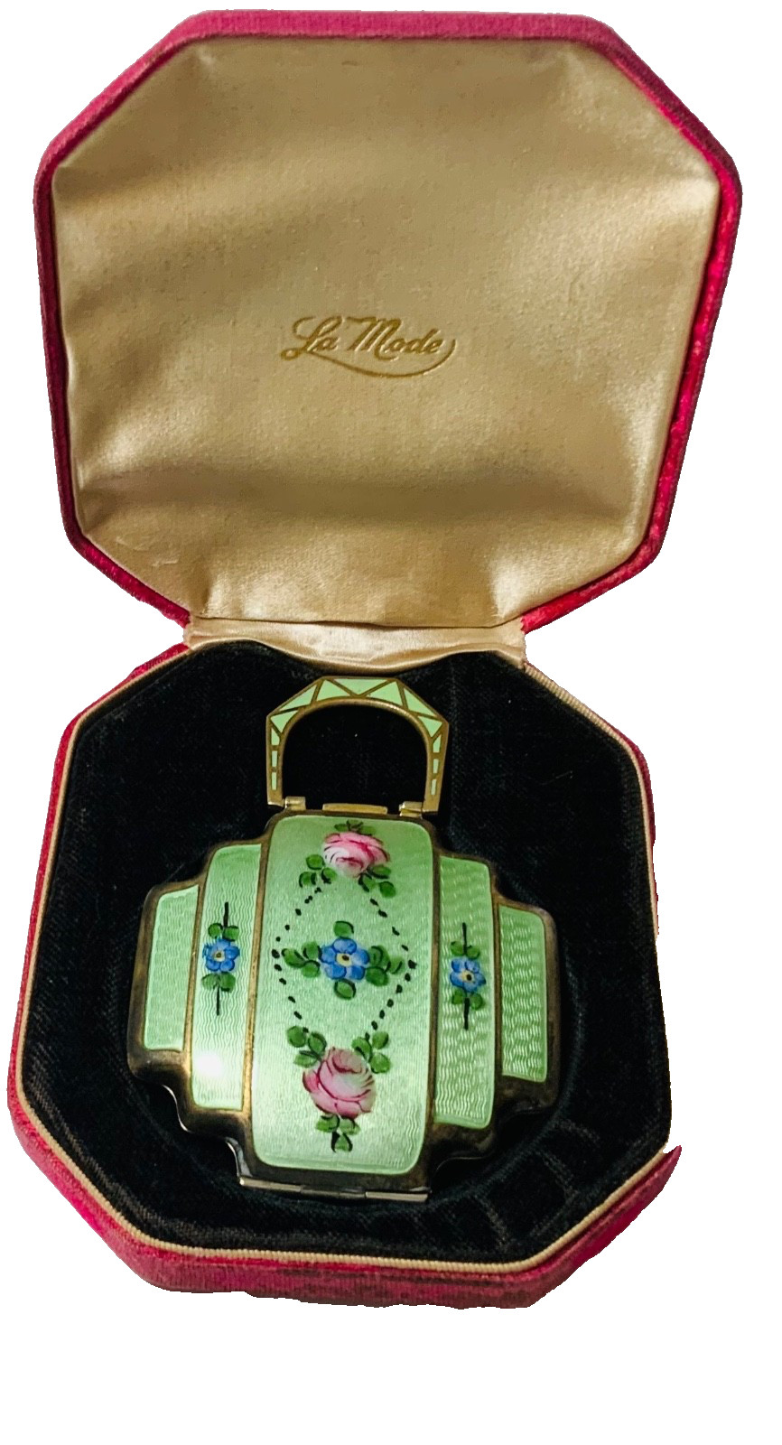 PRISTINE Antique HP ENAMEL GUILLOCHE Compact ORIGINAL BOX R&G CO   M*I*N*T COND