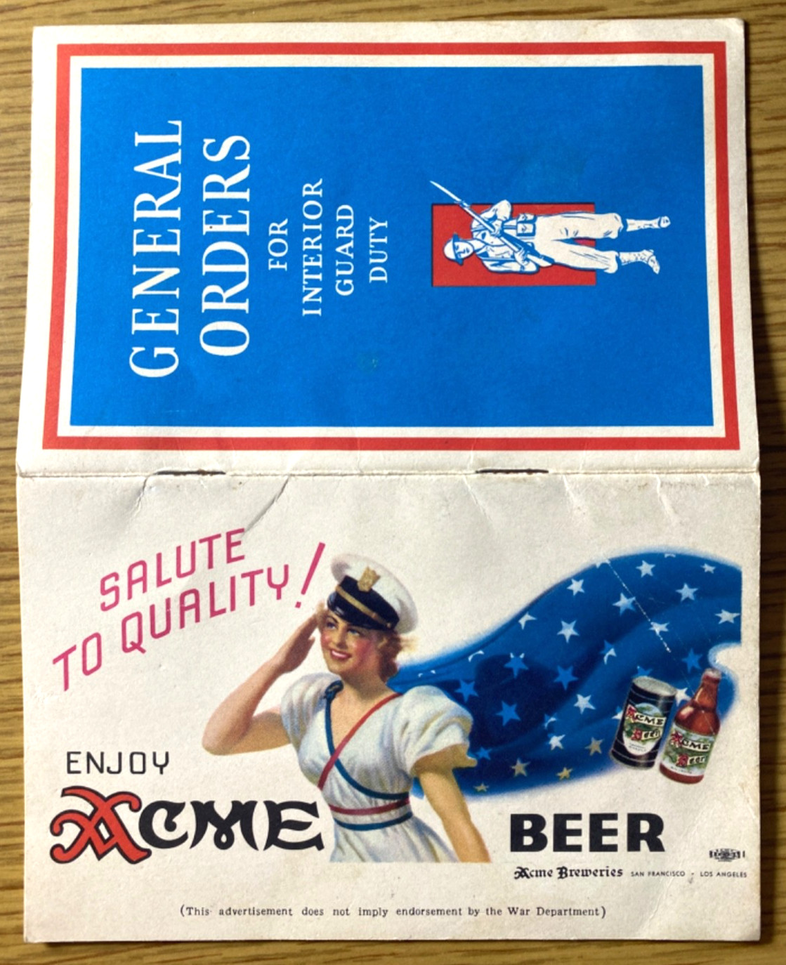 1941 WWII ENJOY ACME BEER vintage booklet GENERAL ORDERS FOR INTERIOR GUARD DUTY 1941 WWII ENJOY ACME BEER vintage booklet GENERAL ORDERS FOR INTERIOR GUARD DUTY
