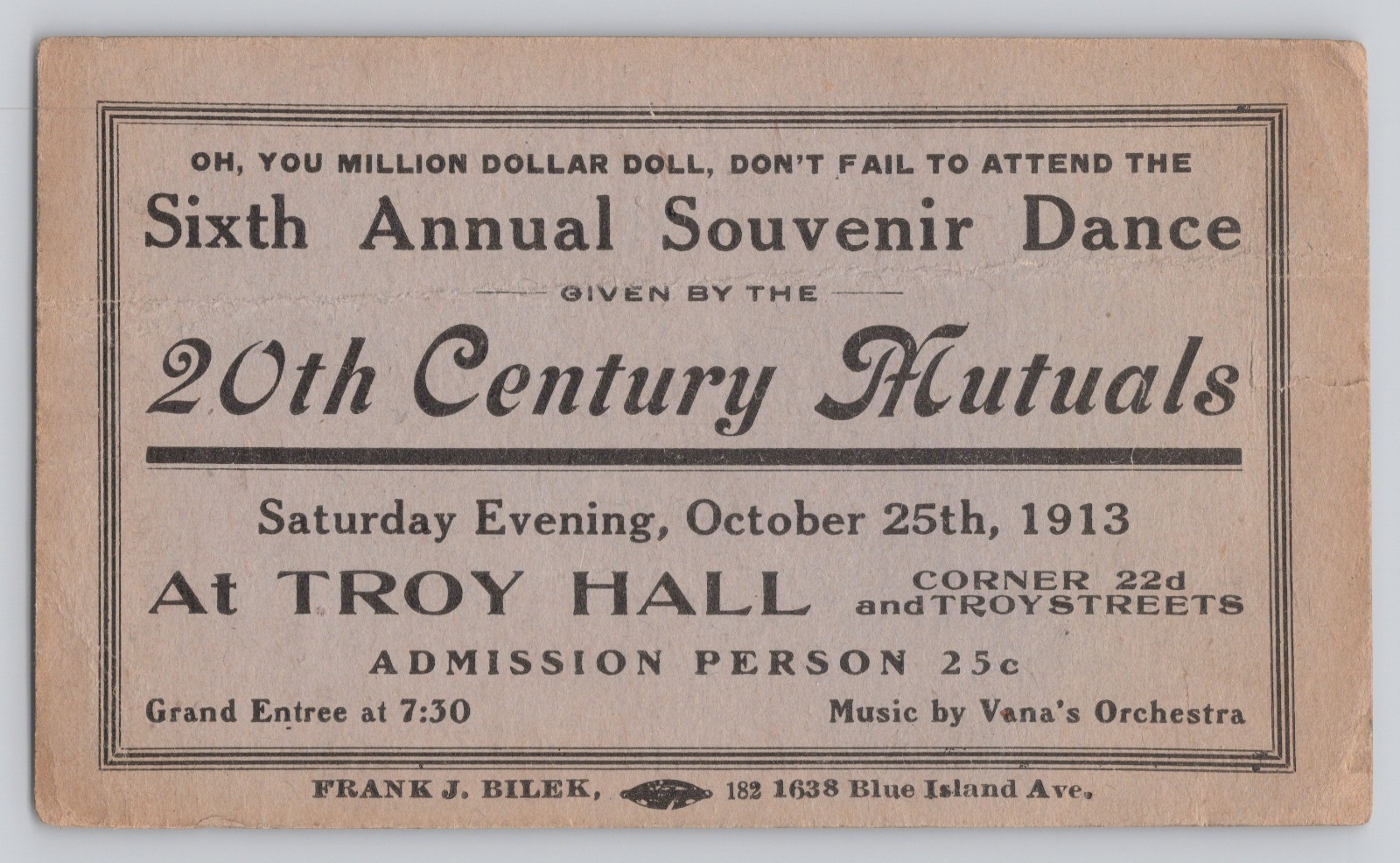 1913 Dance Card 20th Century Mutuals Troy Hall Chicago Vana’s Orchestra