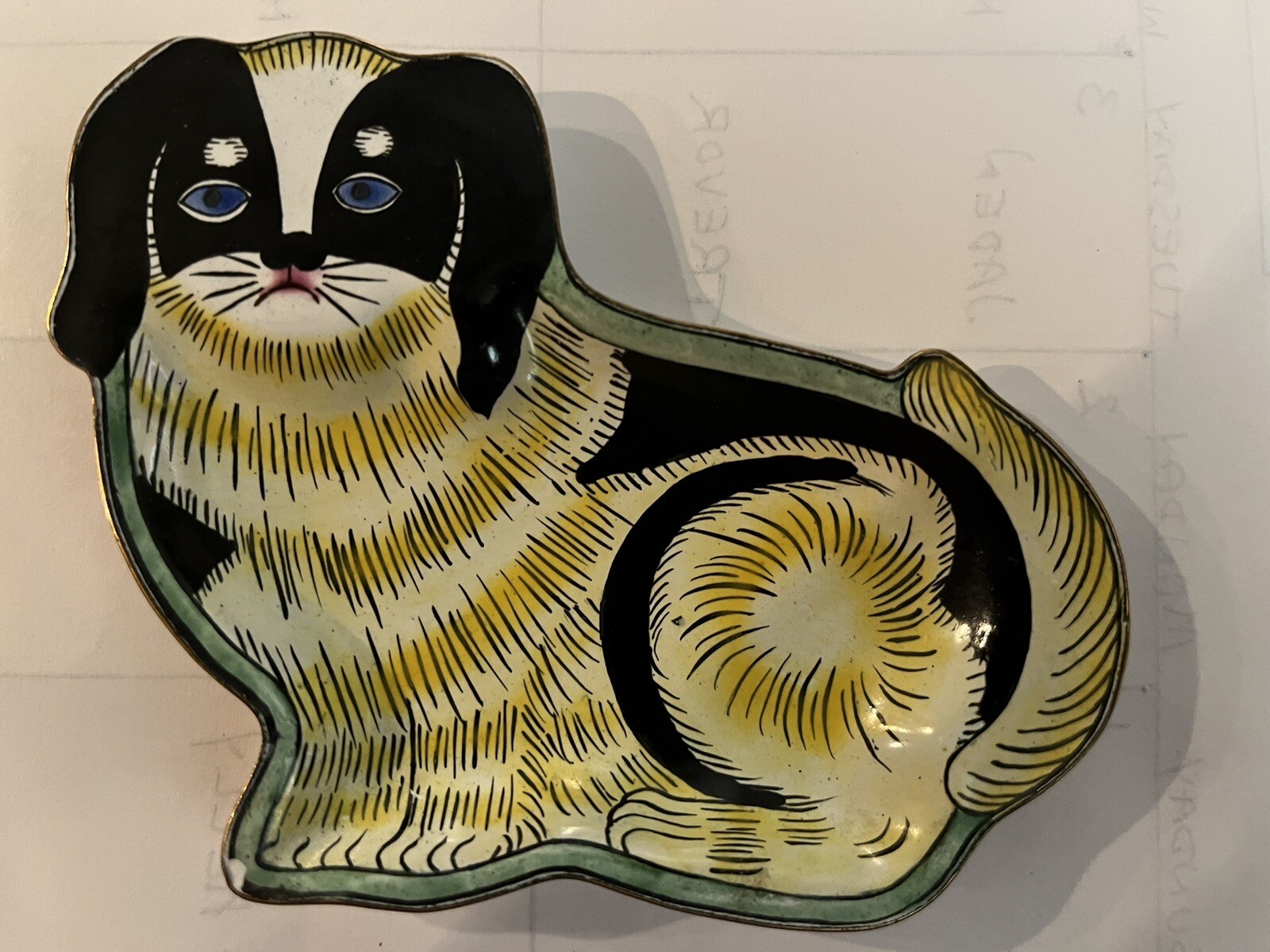 Pekingese Dog Trinket Dish Mille Fleur Hand painted Enamelware For Seymour Mann Pekingese Dog Trinket Dish Mille Fleur Hand painted Enamelware For Seymour Mann
