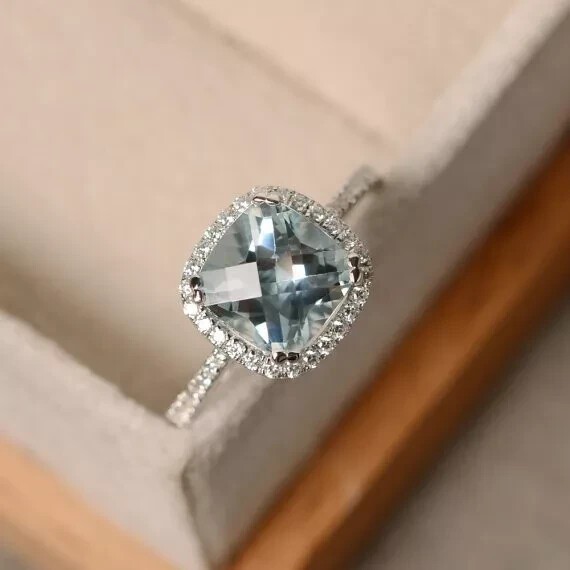 2 Ct Cushion Cut Lab Created Aquamarine Engagement Ring 14K White Gold Plated
