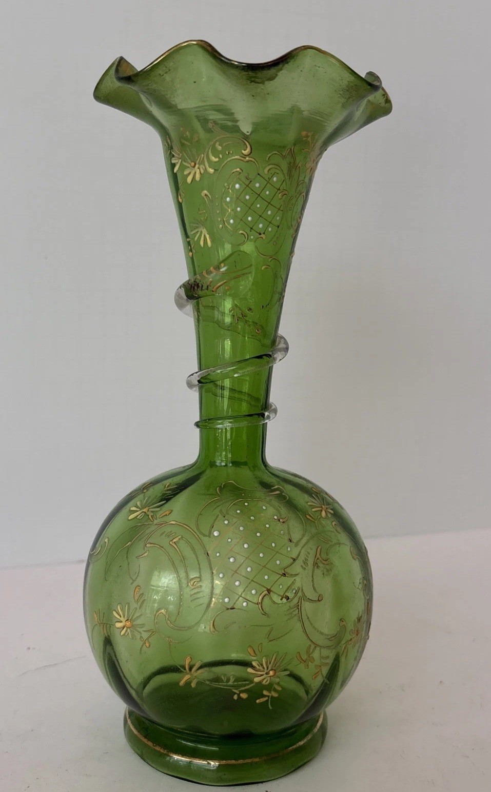 Antique Bohemian hand-blown green art-glass vase 1890–1900 spiral gilt ruff Rim Antique Bohemian hand-blown green art-glass vase 1890–1900 spiral gilt ruff Rim