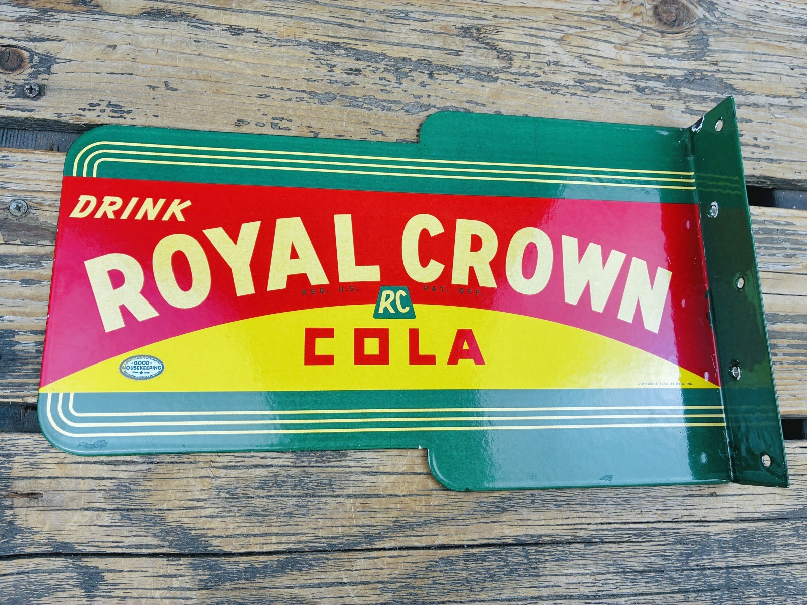 VINTAGE 14X8.5” ROYAL CROWN COLA DOUBLE SIDED FLANGE GAS OIL PORCELAIN SIGN