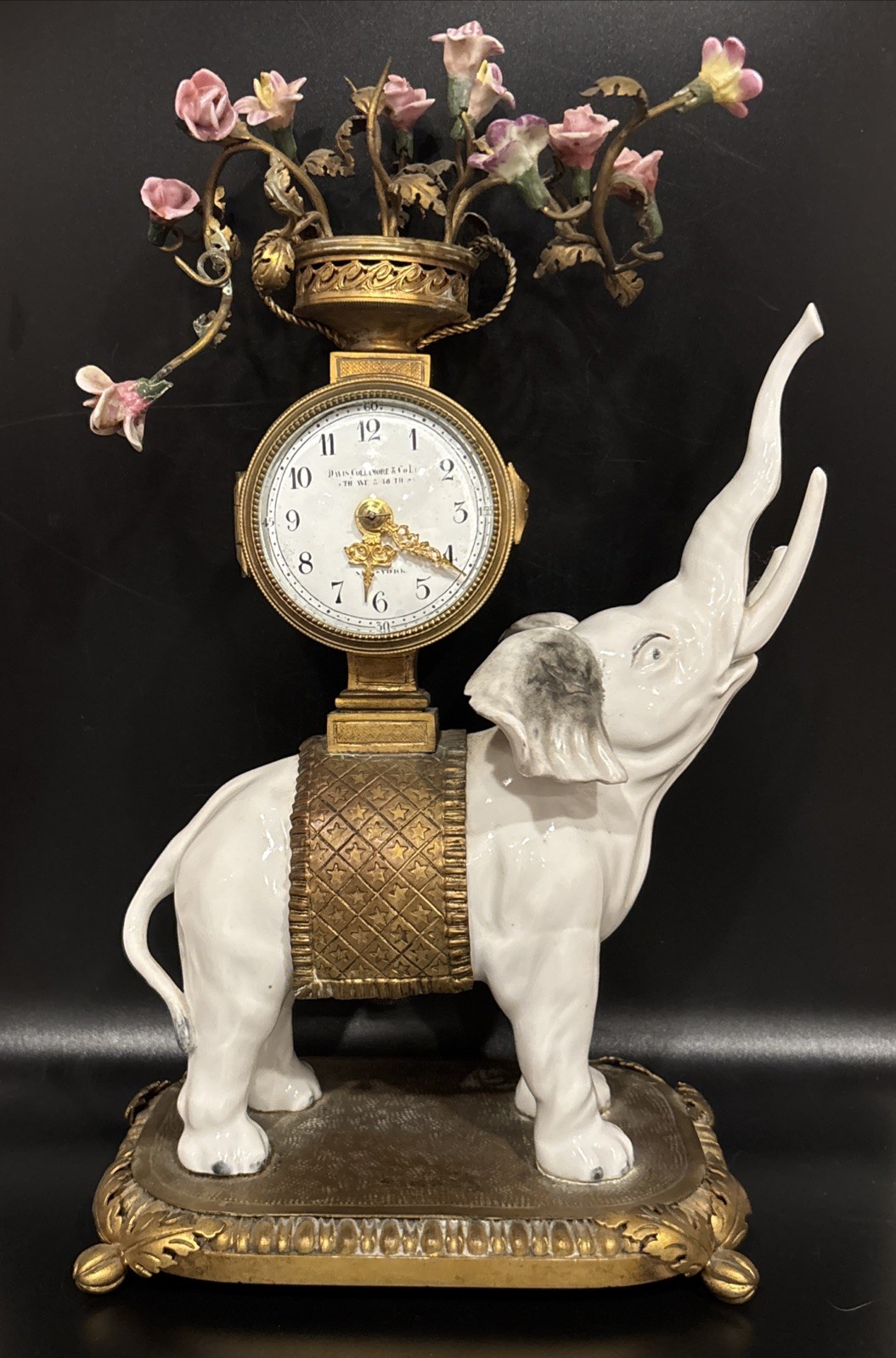 Rare Antique French 13j White Porcelain Elephant Clock For Davis Collamore & Co.