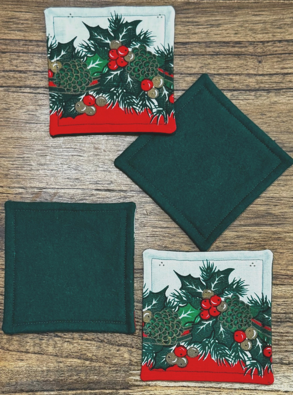 Vintage Sunweave Christmas Tablecloth Coasters - Set of 4 - Holly, Pine Cones