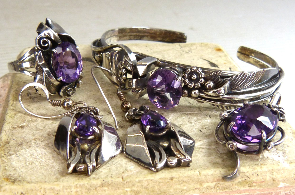 Vintage Navajo Les Baker Sterling Silver & Amethyst Bracelet ,Ring , Earrings Vintage Navajo Les Baker Sterling Silver & Amethyst Bracelet ,Ring , Earrings