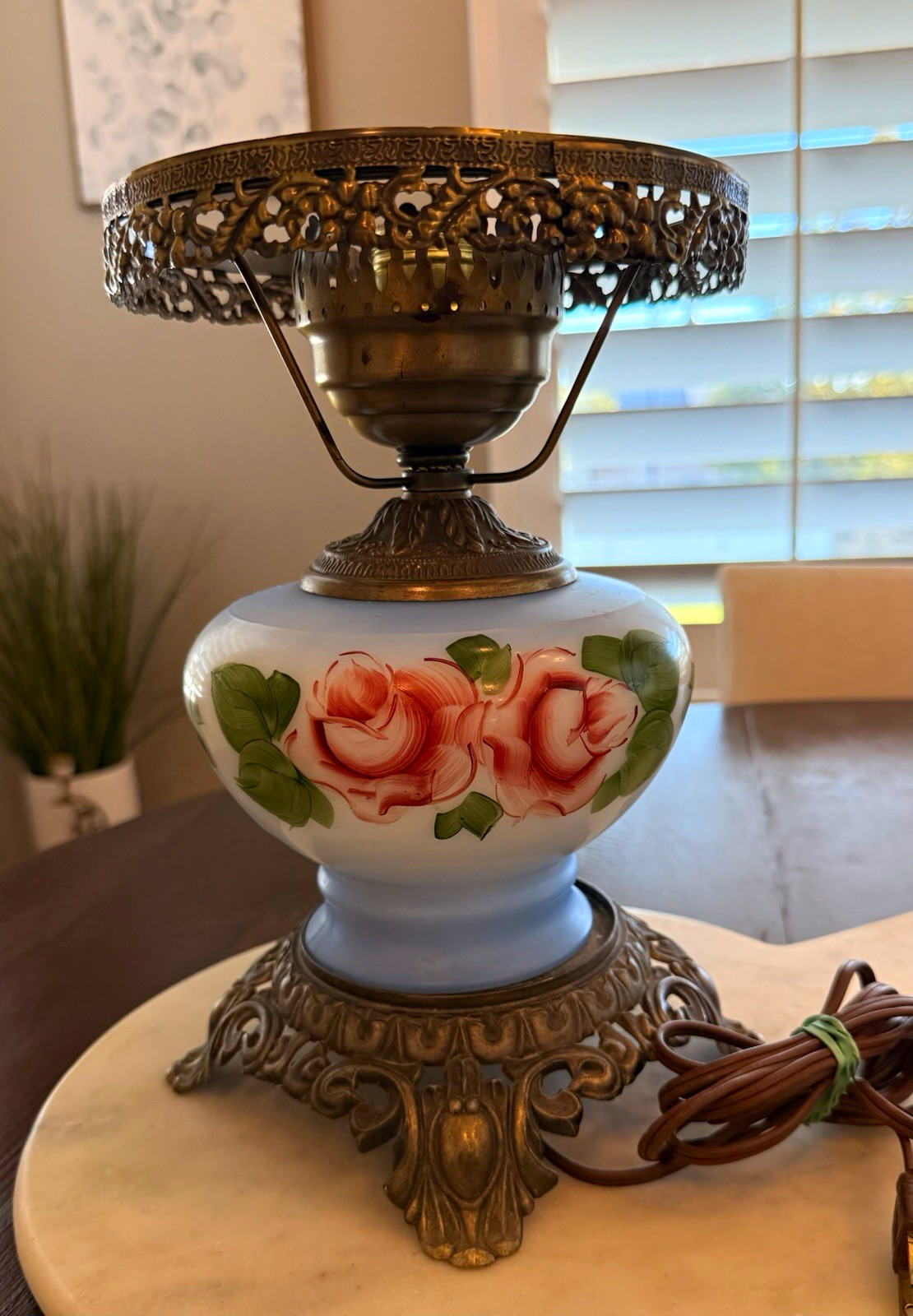 Vintage Hand Painted Floral Glass Table Lamp w/ Ornate Metal Base, 10”
