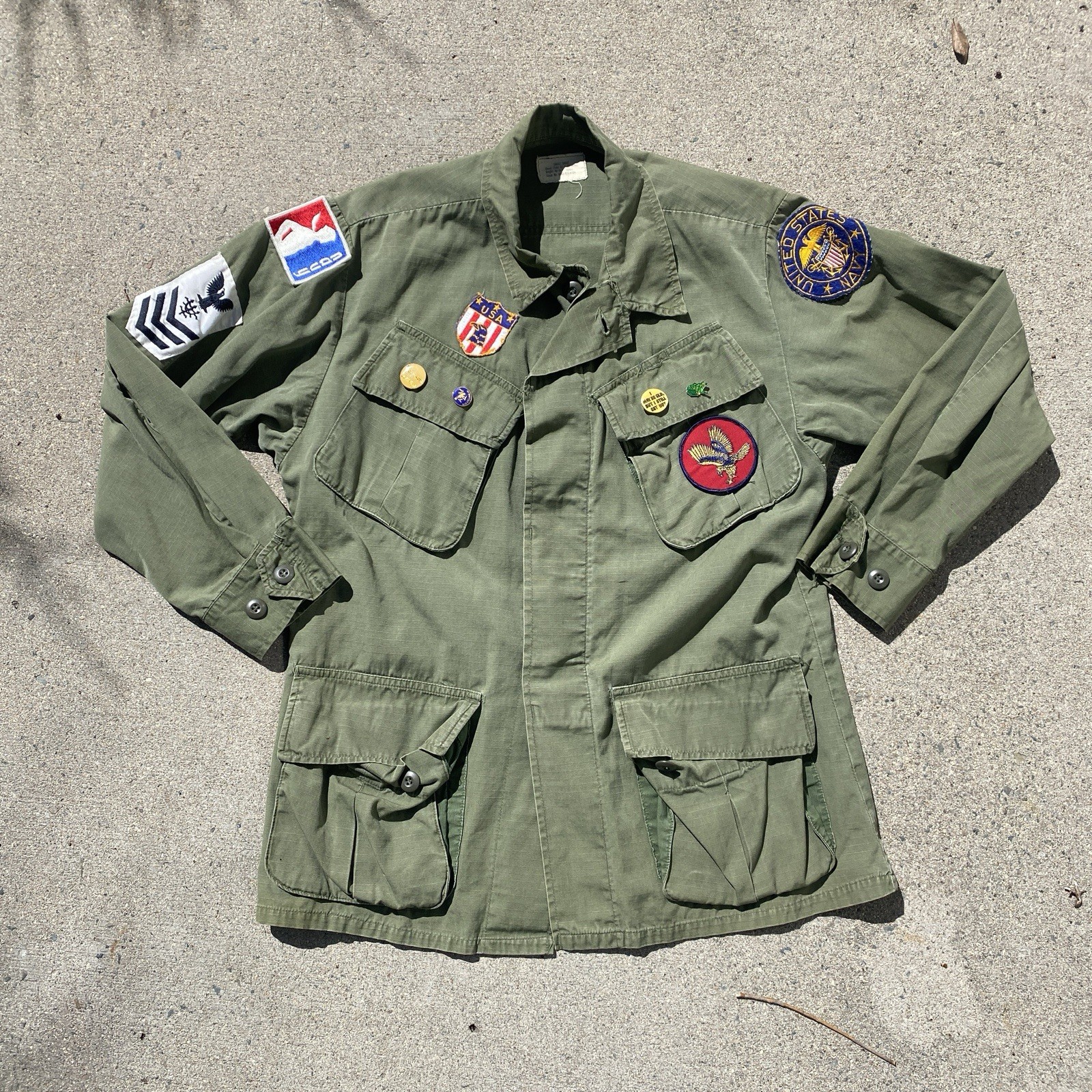 Vintage Slant Pocket Field Jacket Shirt, Small Short Poplin USN Green Patches